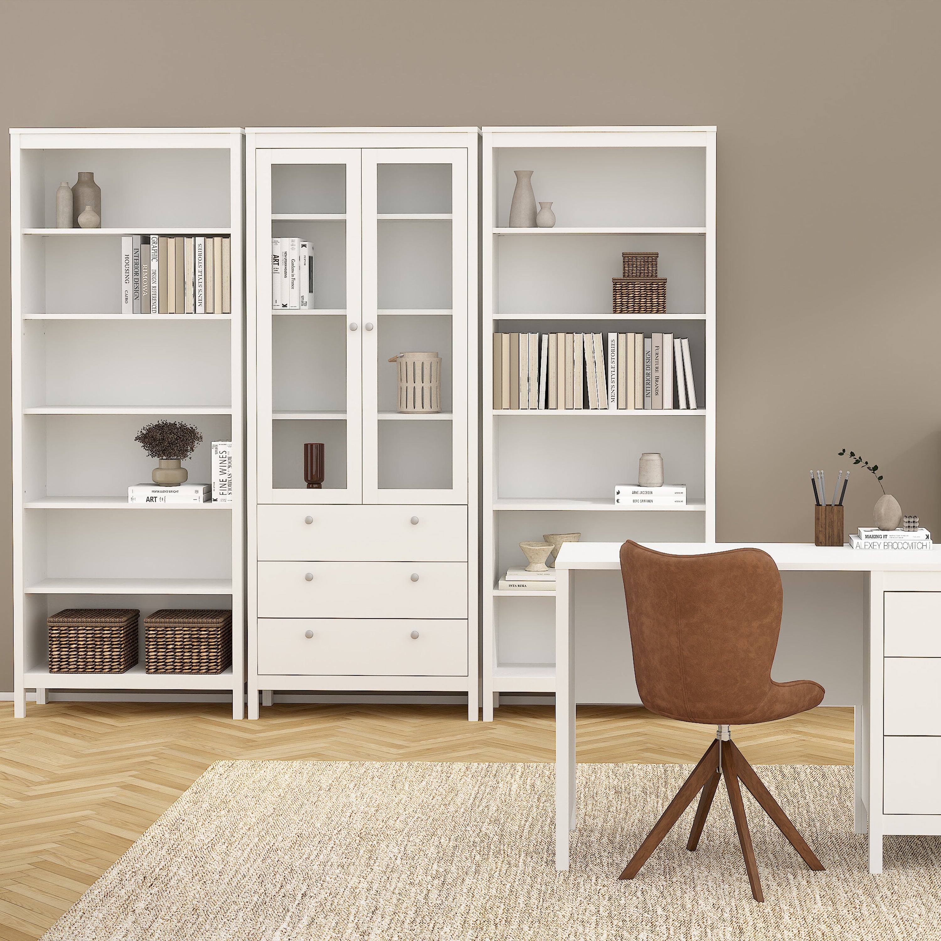 Madrid China Cabinet 2 Glass Doors with 3 Drawers in White – FTG, view 7
