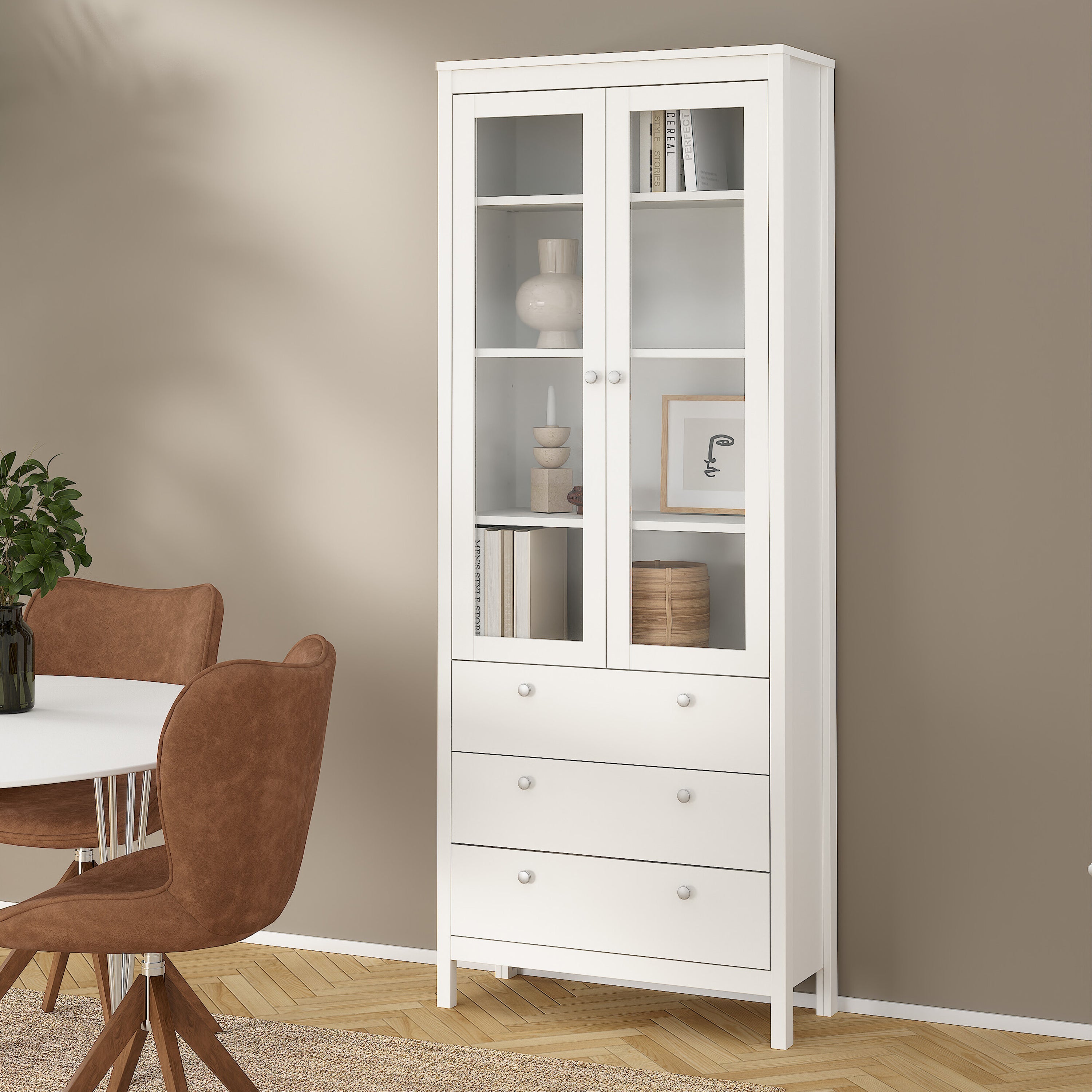 Madrid China Cabinet 2 Glass Doors with 3 Drawers in White – FTG, view 8