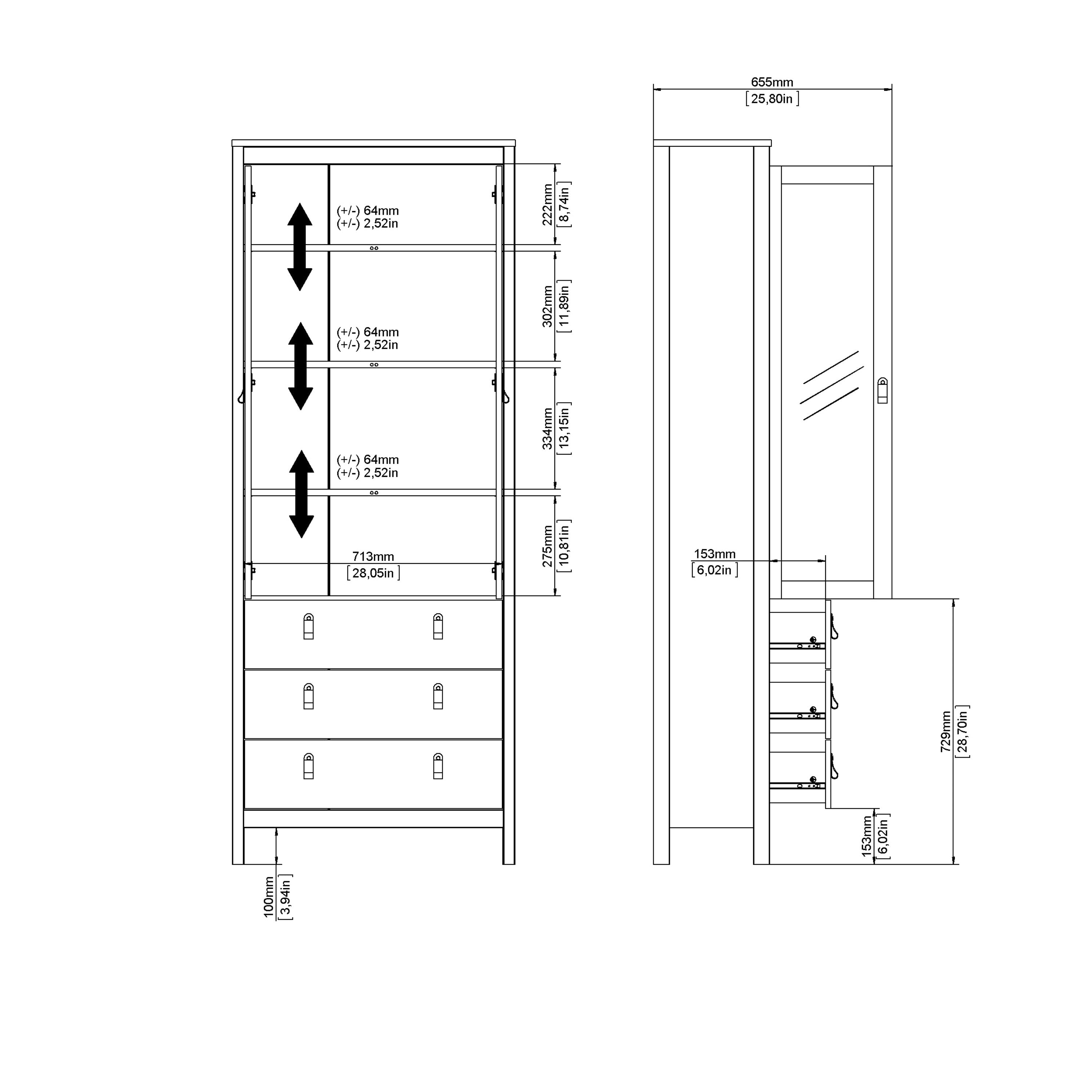 Madrid China Cabinet 2 Glass Doors with 3 Drawers in Matt Black – FTG, view 12