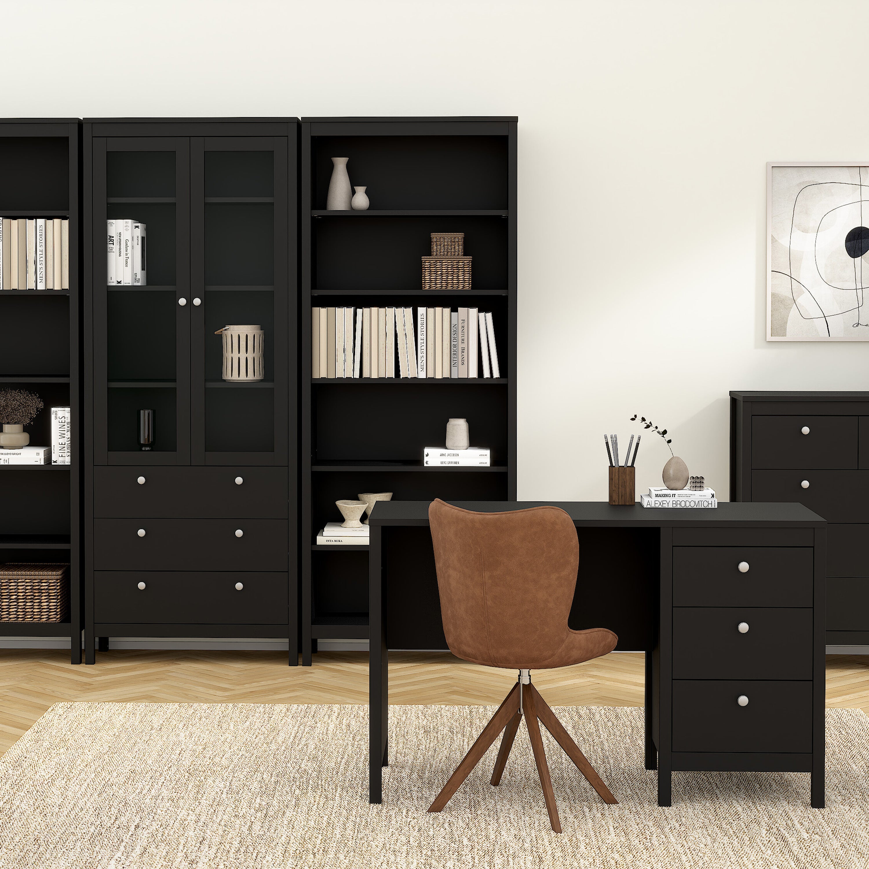 Madrid China Cabinet 2 Glass Doors with 3 Drawers in Matt Black – FTG, view 7