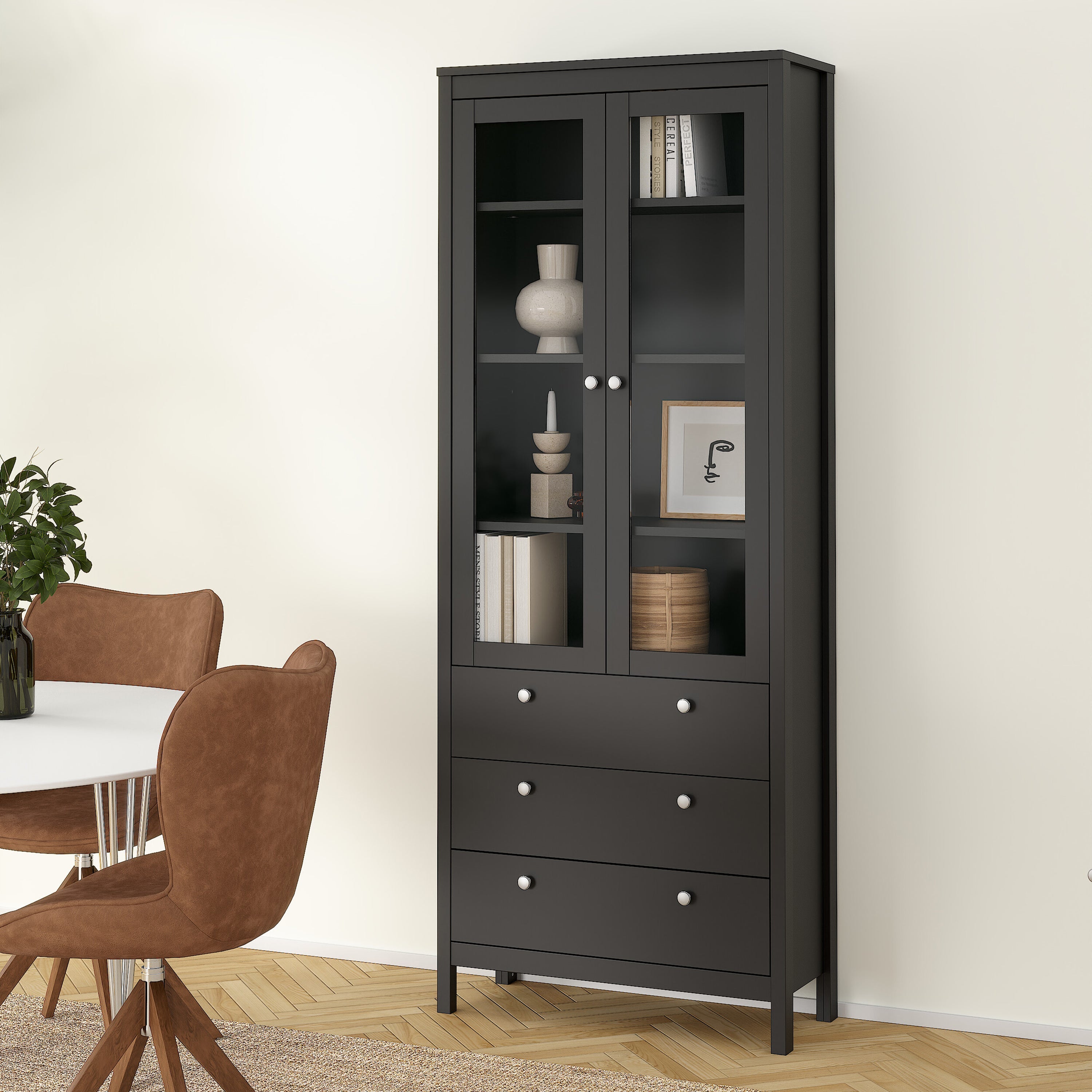 Madrid China Cabinet 2 Glass Doors with 3 Drawers in Matt Black – FTG, view 8