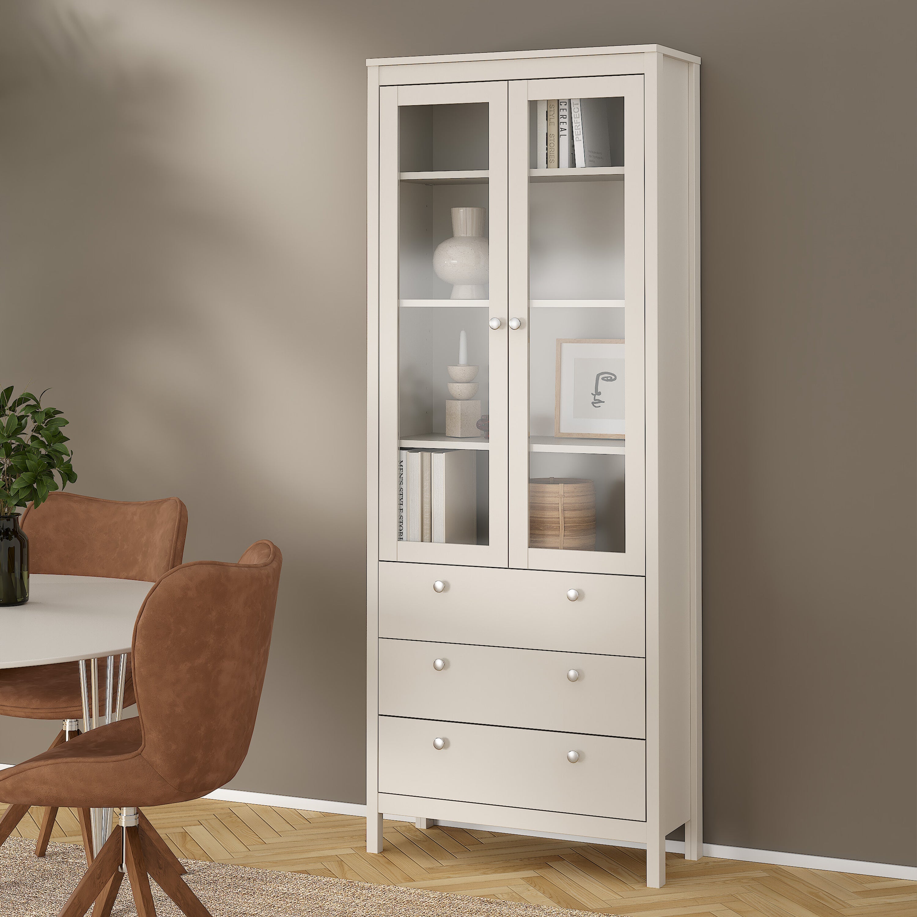 Madrid China Cabinet 2 Glass Doors with 3 Drawers in Cashmere – FTG, view 6