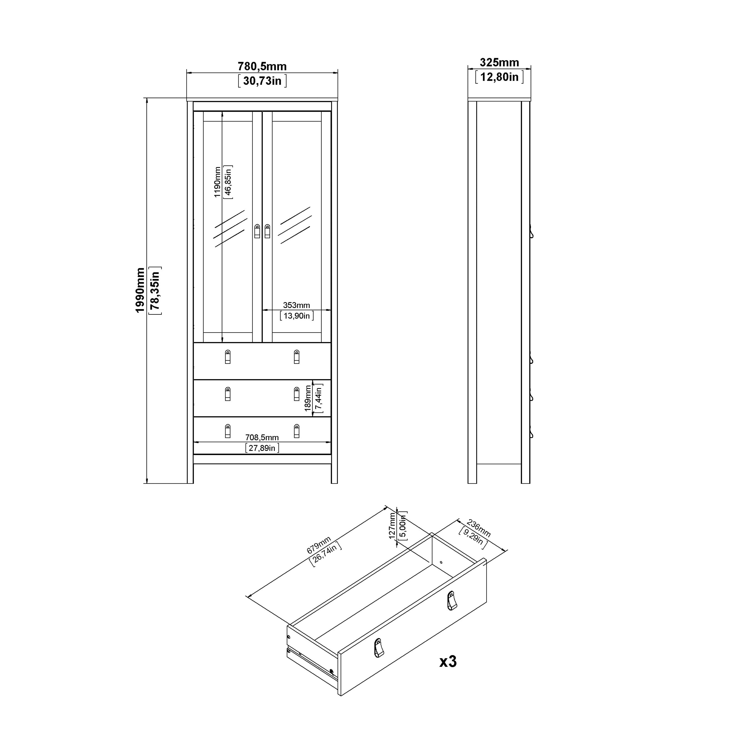 Madrid China Cabinet 2 Glass Doors with 3 Drawers in Cashmere – FTG, view 9
