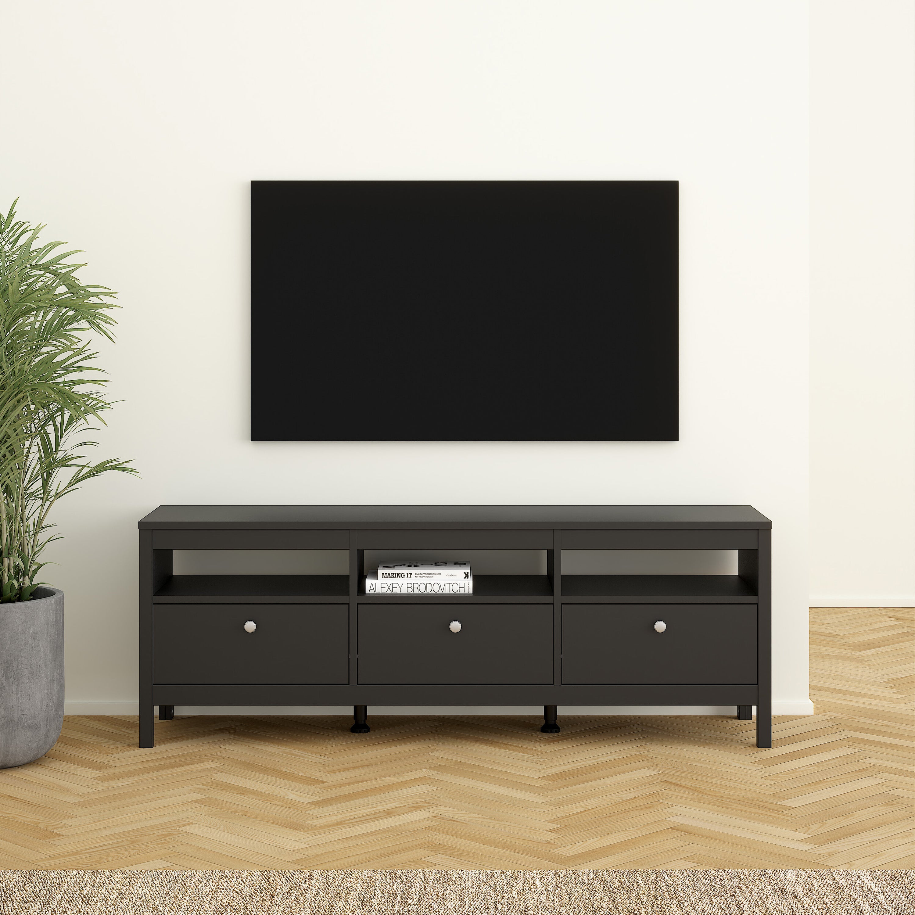 Madrid TV Unit 3 Drawers in Matt Black – FTG, view 7