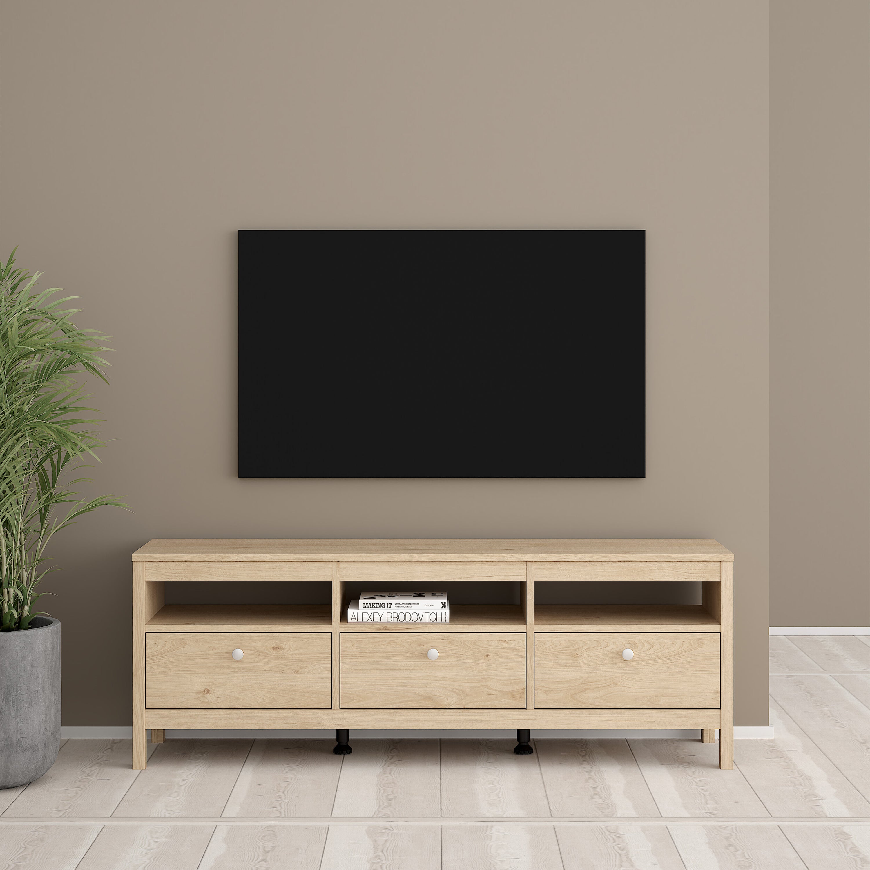 Madrid TV-Unit 3 Drawers in Jackson Hickory Oak – FTG, view 7