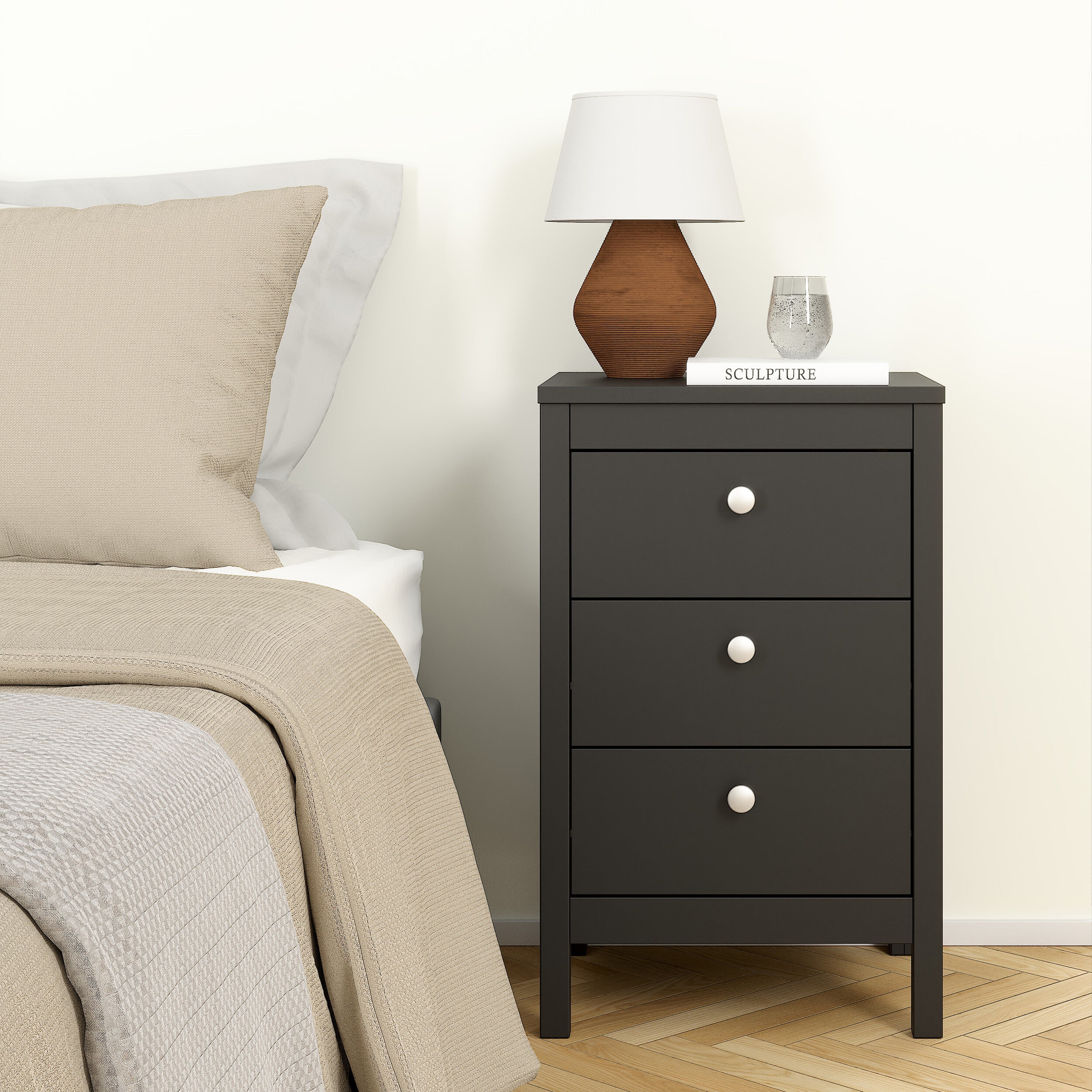 Madrid Bedside Table 3 Drawers in Matt Black – FTG, view 7