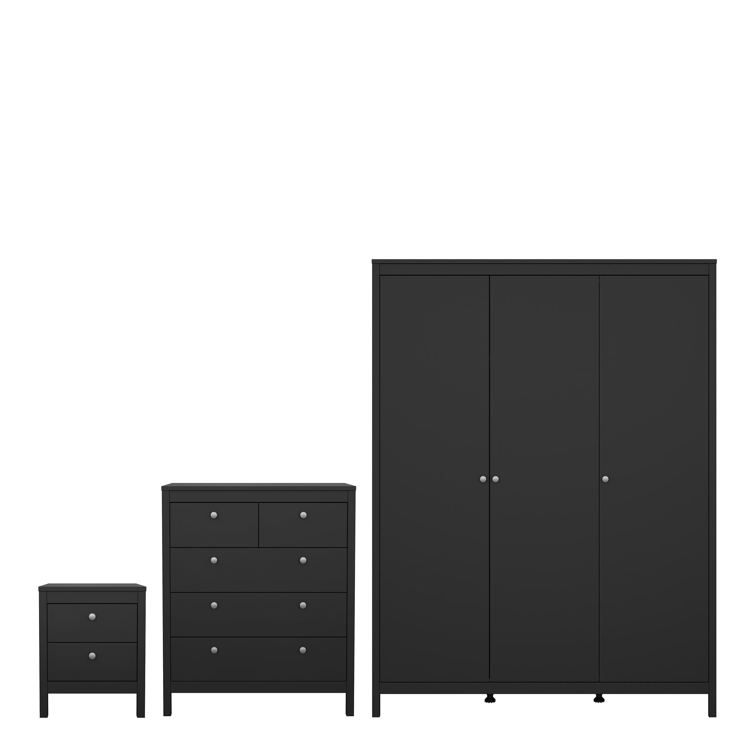 Madrid Package - Bedside Table 2 Drawers + Chest 5 Drawers + Wardrobe with 3 Doors in Matt Black – FTG