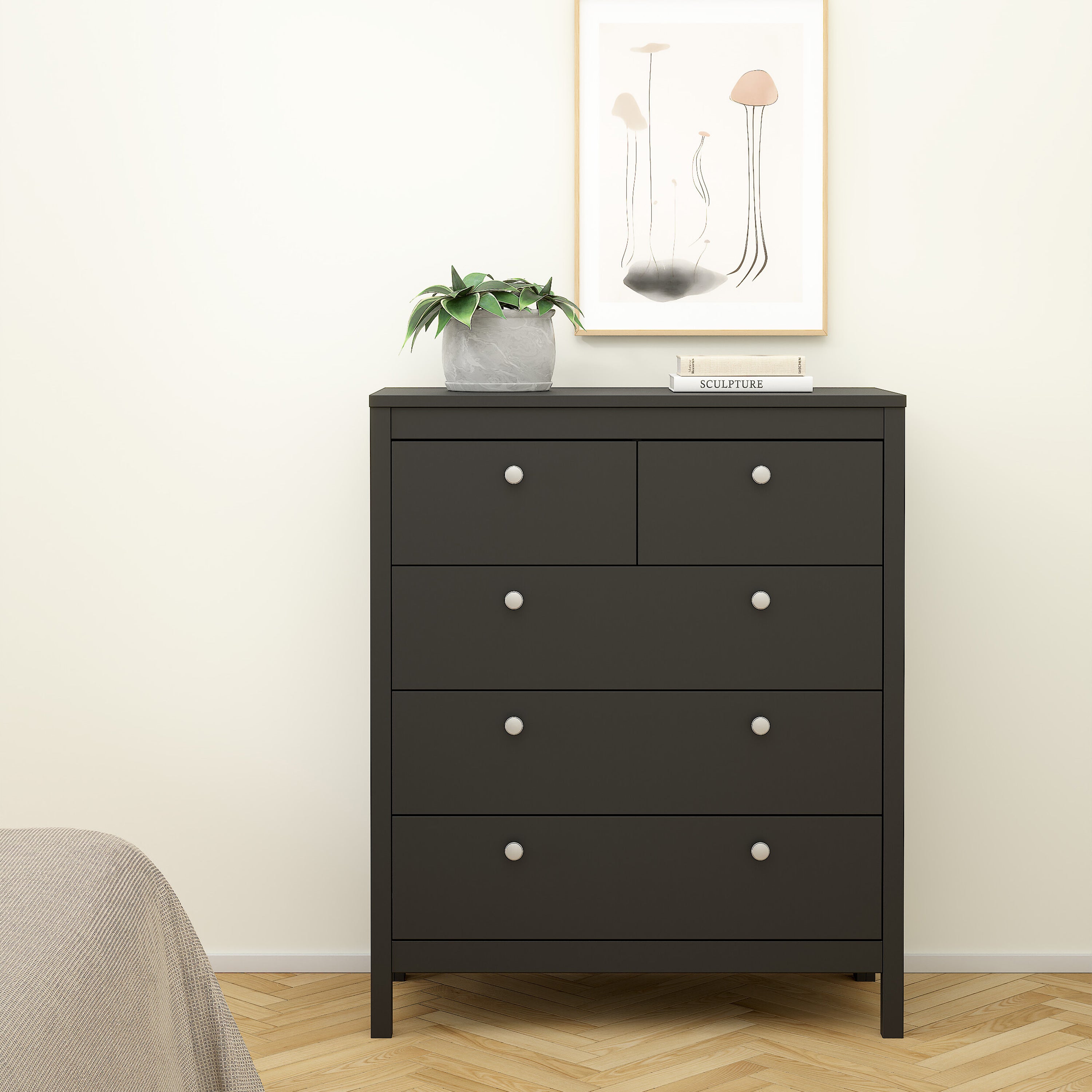 Madrid Package - Bedside Table 2 Drawers + Chest 5 Drawers + Wardrobe with 3 Doors in Matt Black – FTG, view 8