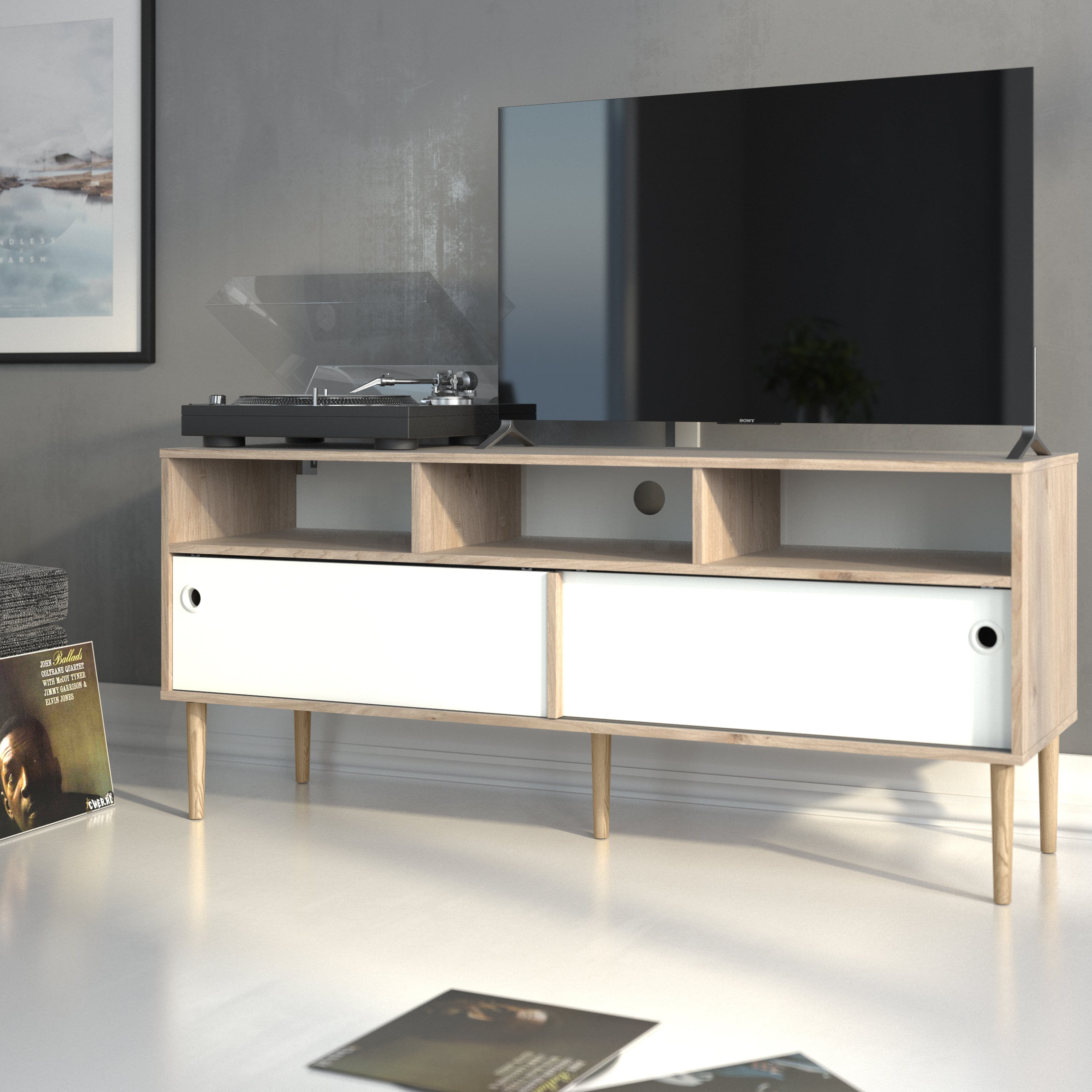 Rome TV Unit 2 Sliding Doors Oak and Matt White – FTG, view 6