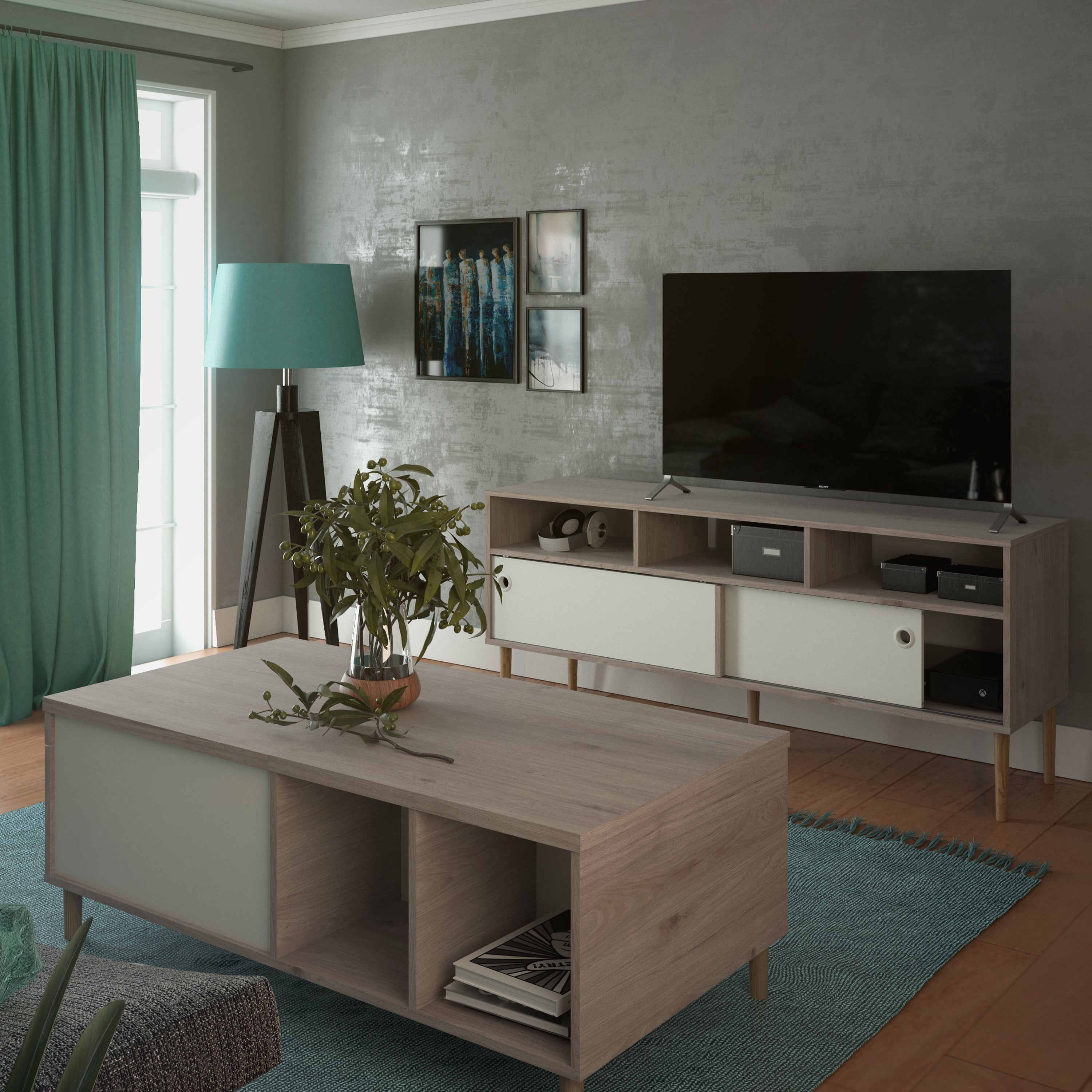 Rome TV Unit 2 Sliding Doors Oak and Matt White – FTG, view 7