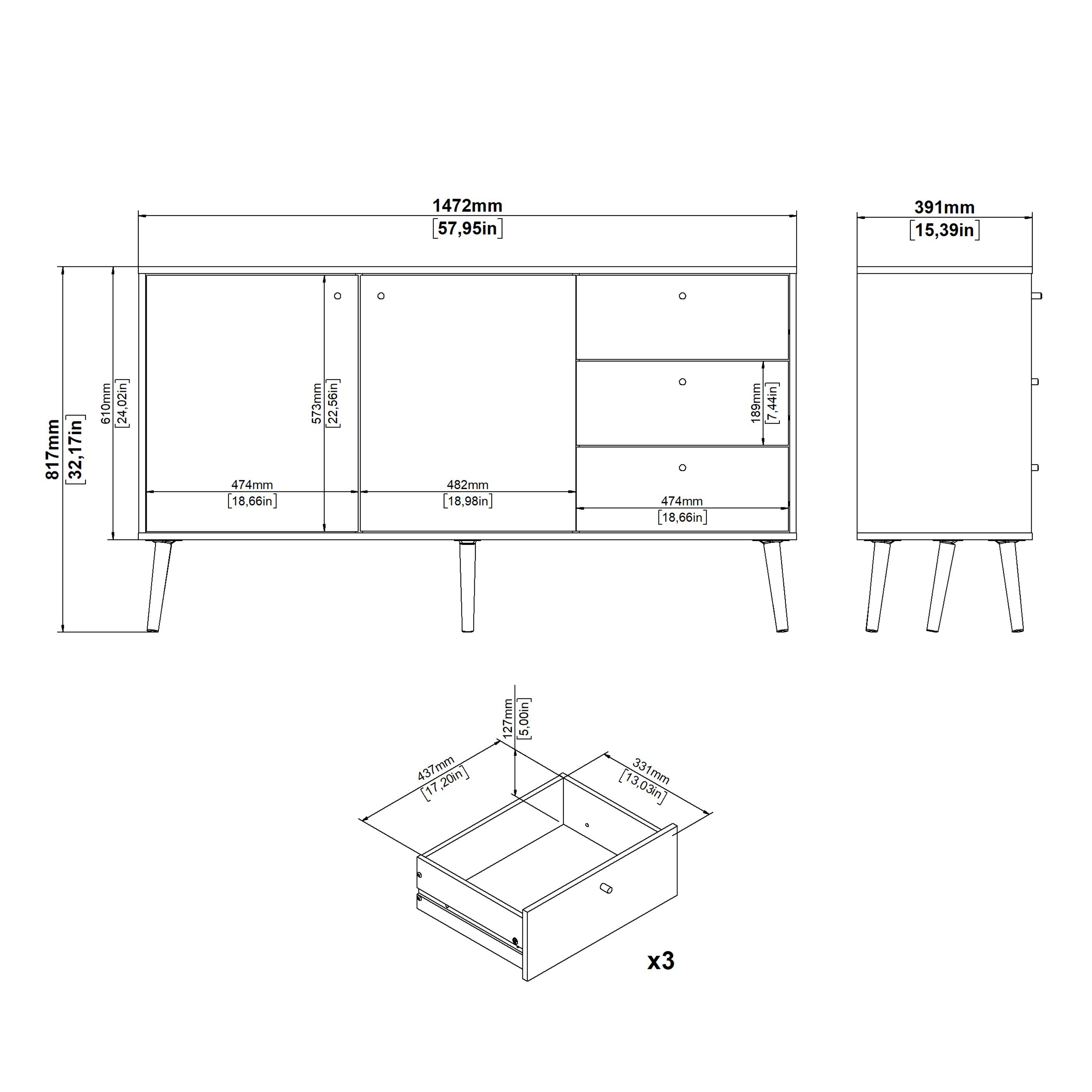 Cumbria Sideboard 2 Doors + 3 Drawers White – FTG, view 4