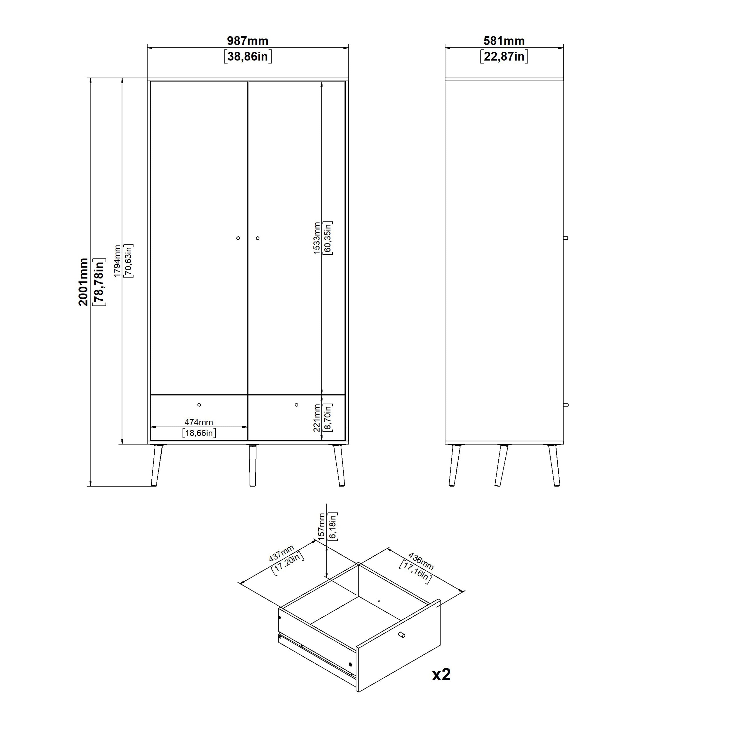 Cumbria Wardrobe with 2 Doors + 2 Drawers White – FTG, view 13