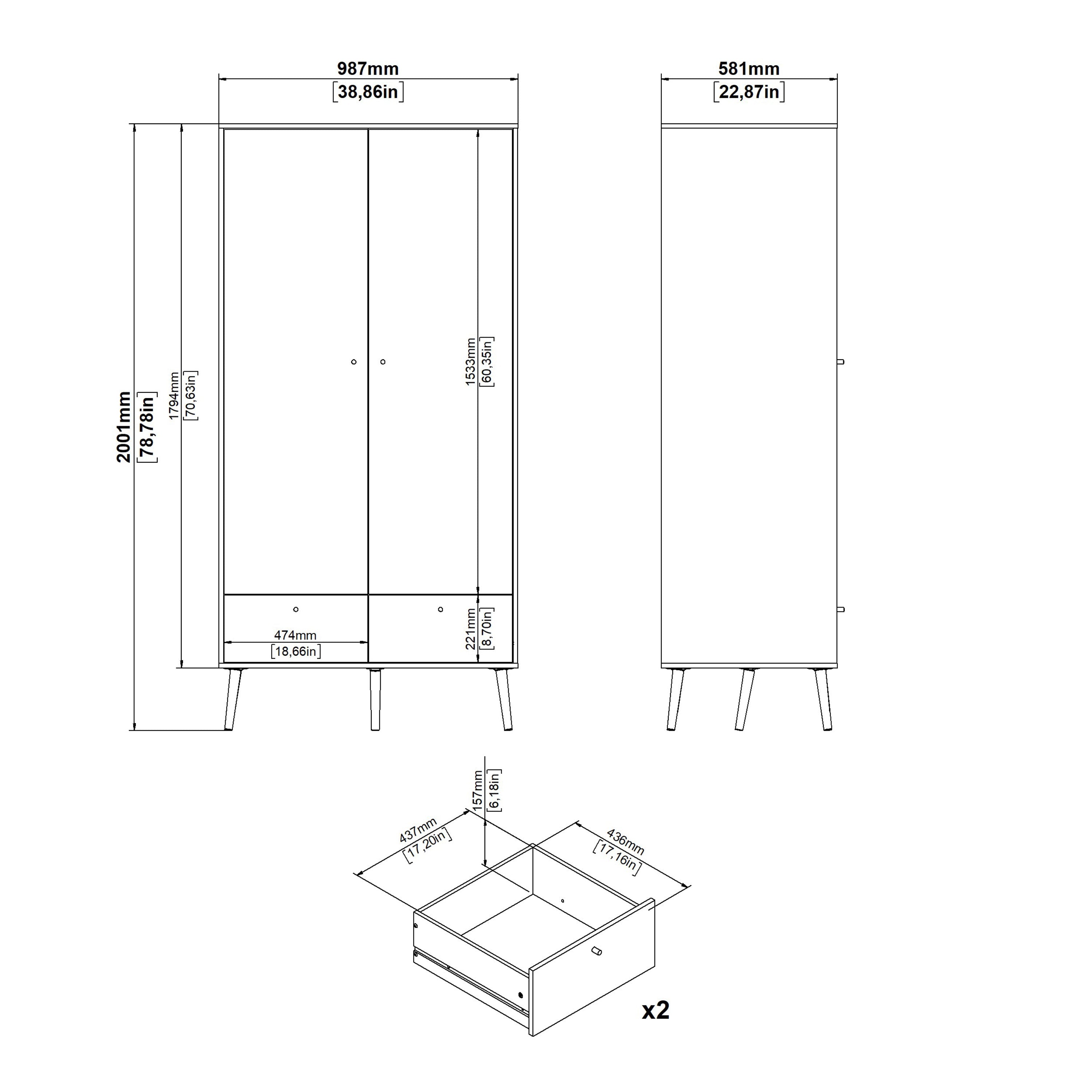Cumbria Wardrobe with 2 Doors + 2 Drawers Dark Grey – FTG, view 13