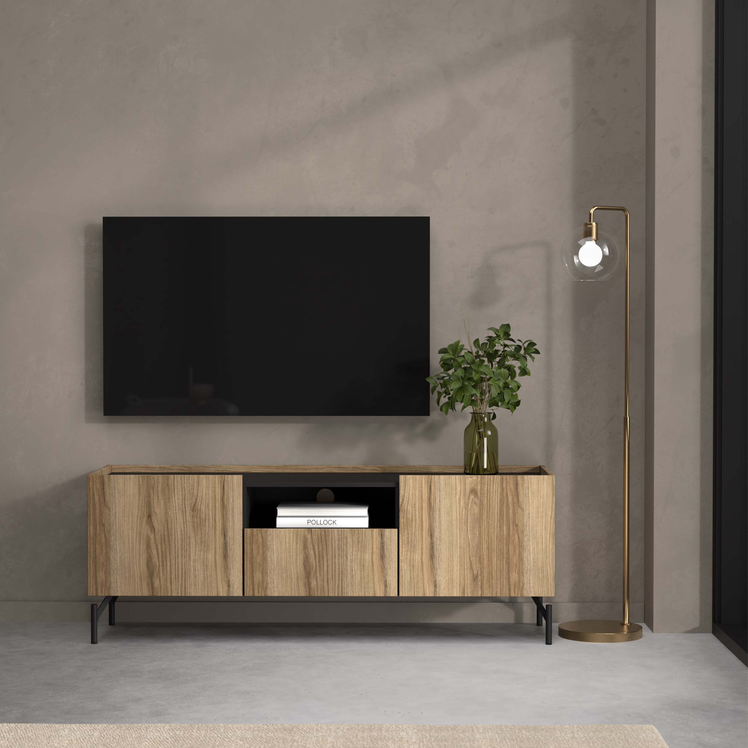 Kendall TV-Unit with 2 Doors + 1 Drawer Oak and Black – FTG, view 5