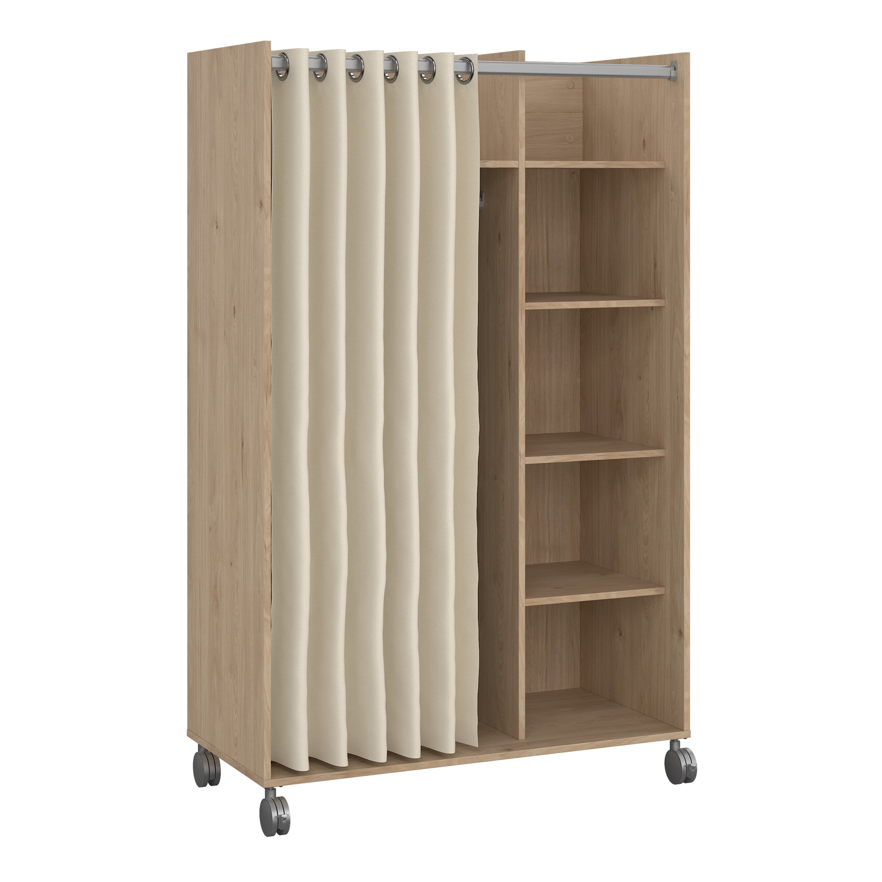 Uppsala Open Mobile Wardrobe Unit in Jackson Hickory Oak with a Beige Textile Curtain on Wheels – FTG