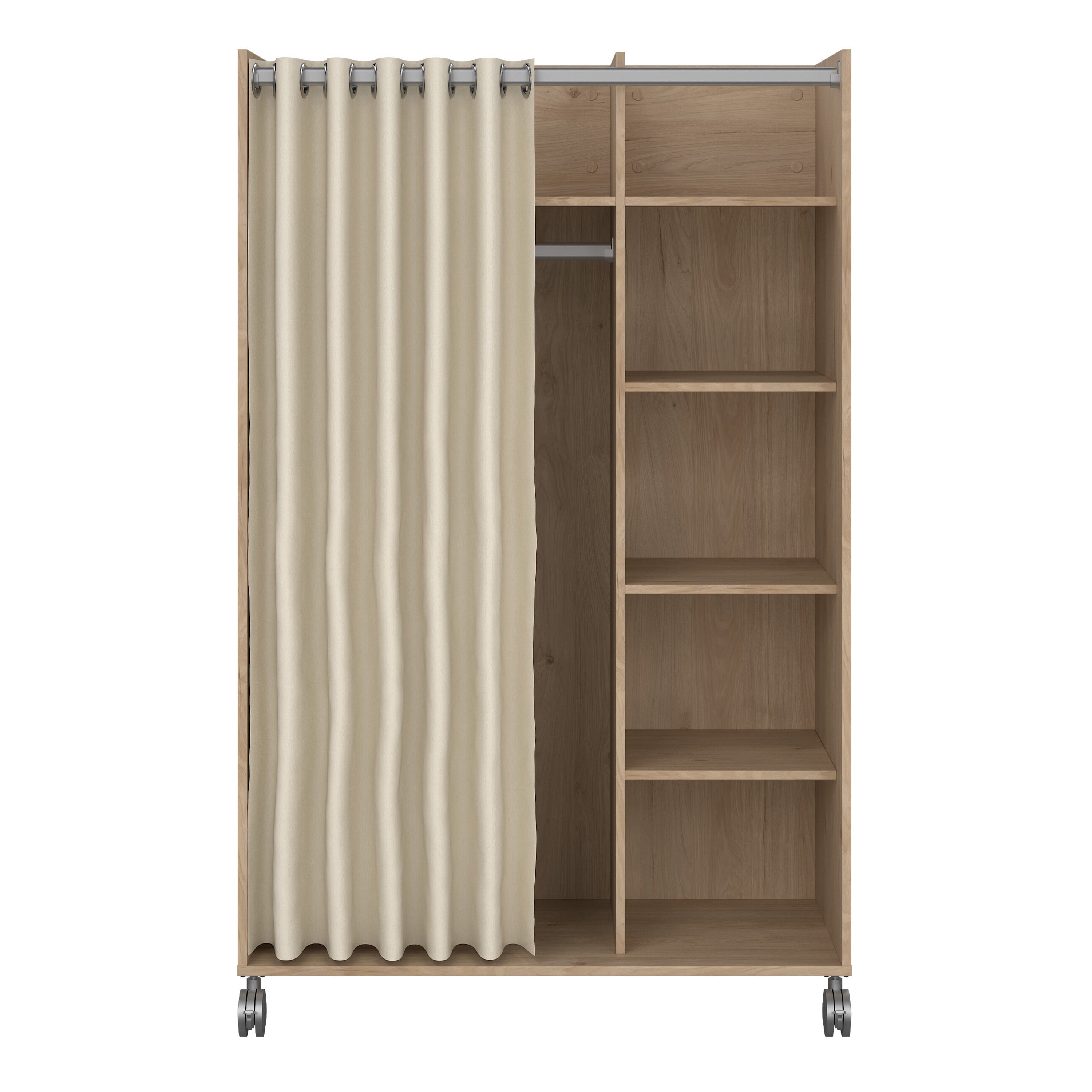 Uppsala Open Mobile Wardrobe Unit in Jackson Hickory Oak with a Beige Textile Curtain on Wheels – FTG, view 2