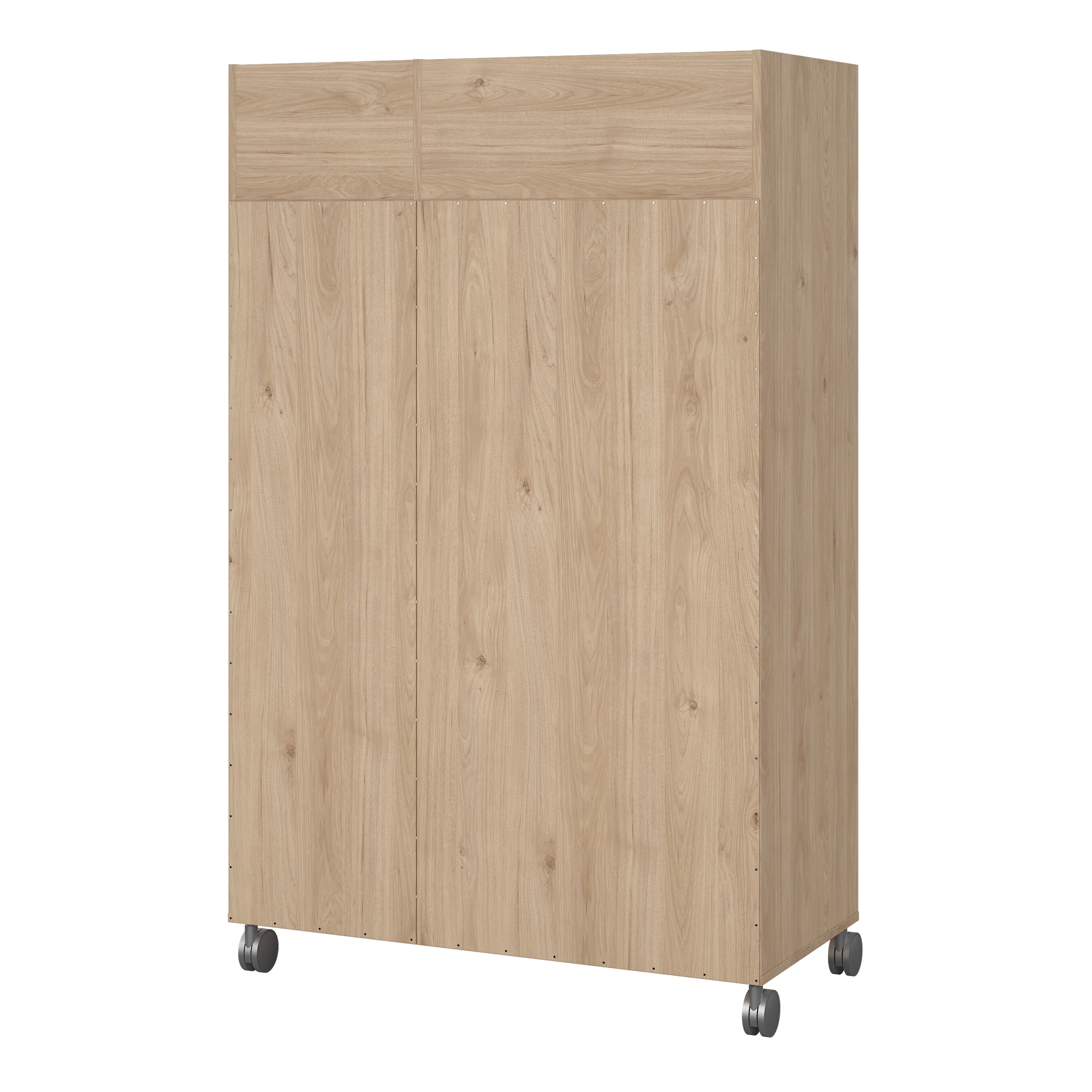 Uppsala Open Mobile Wardrobe Unit in Jackson Hickory Oak with a Beige Textile Curtain on Wheels – FTG, view 4
