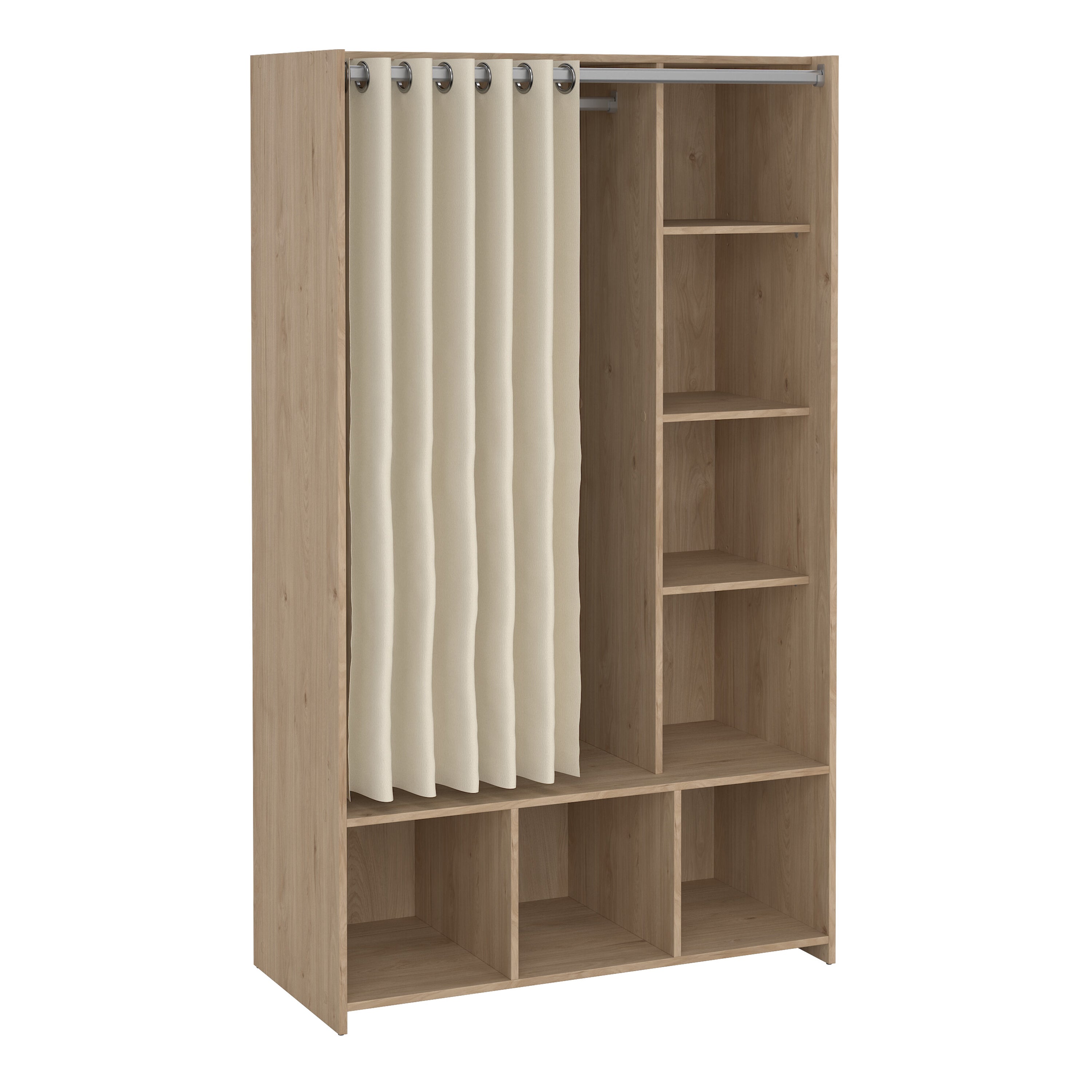 Uppsala Open Wardrobe Unit in Jackson Hickory Oak with a Beige Textile Curtain – FTG