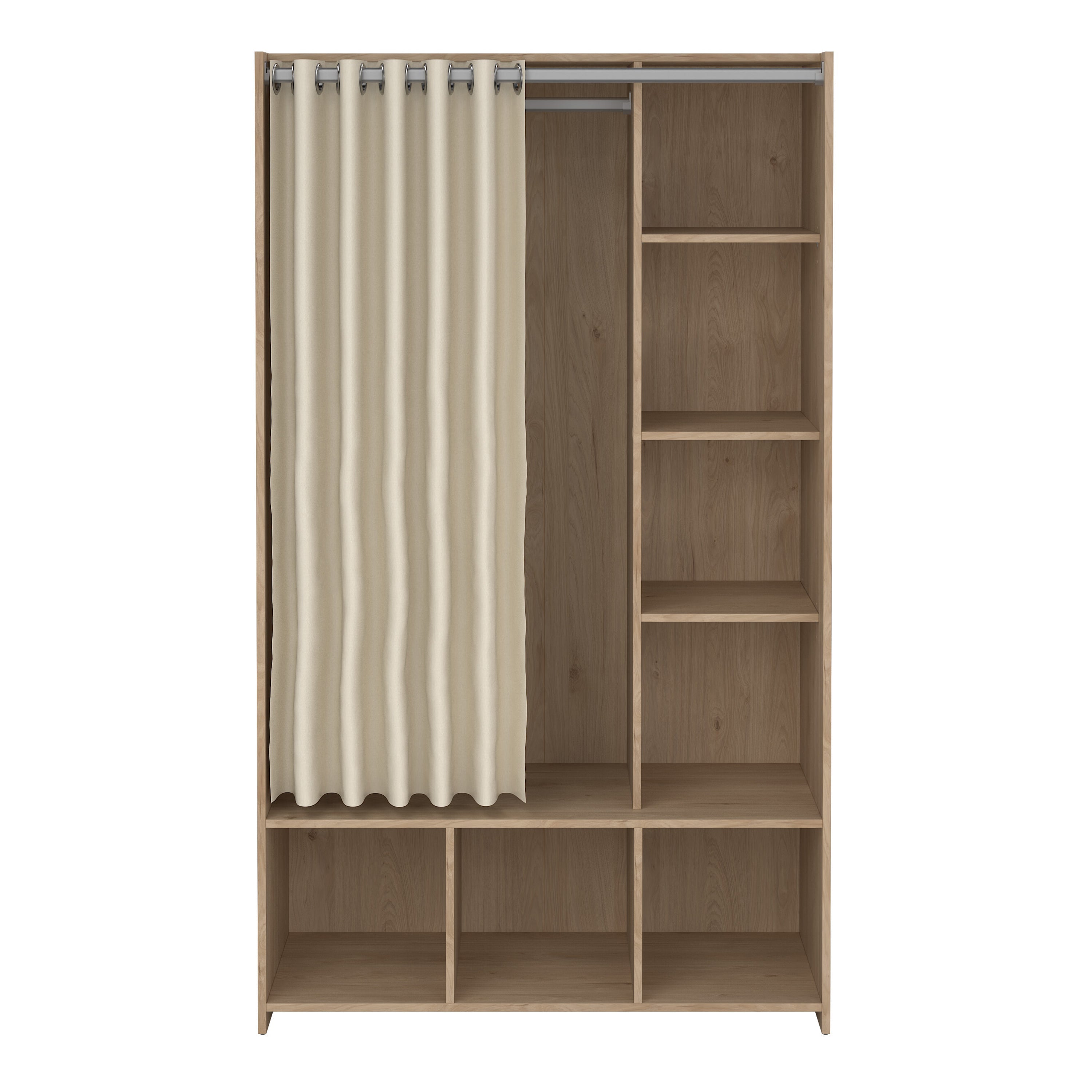 Uppsala Open Wardrobe Unit in Jackson Hickory Oak with a Beige Textile Curtain – FTG, view 2