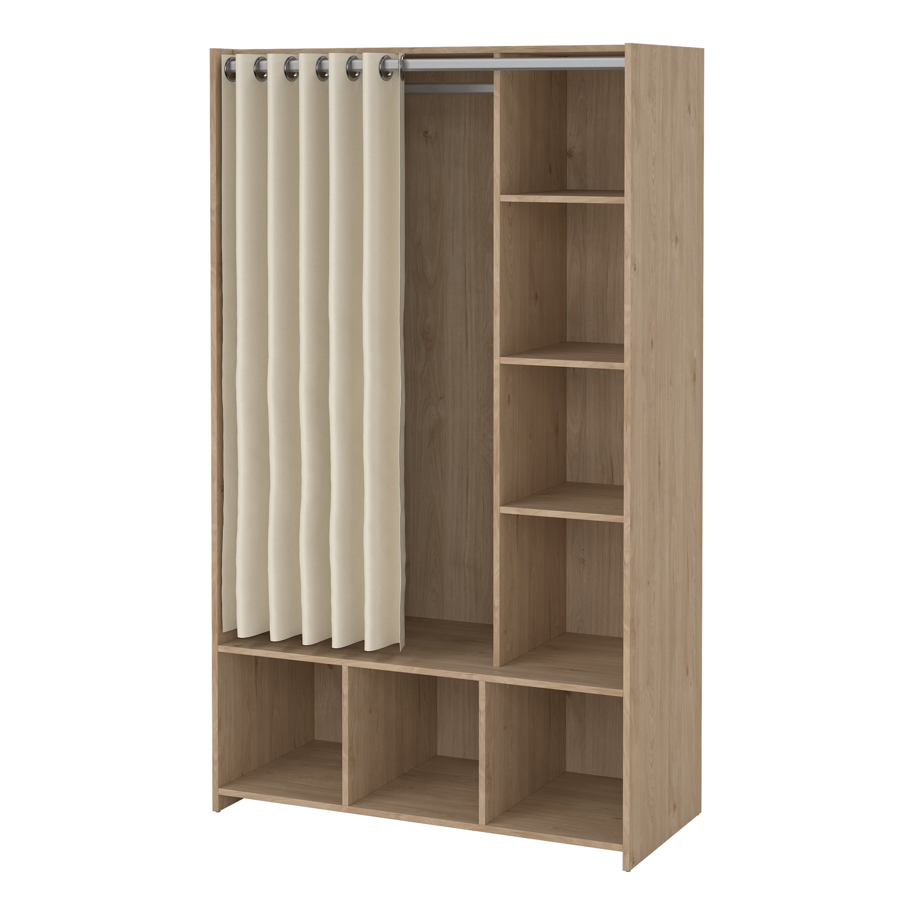 Uppsala Open Wardrobe Unit in Jackson Hickory Oak with a Beige Textile Curtain – FTG, view 3