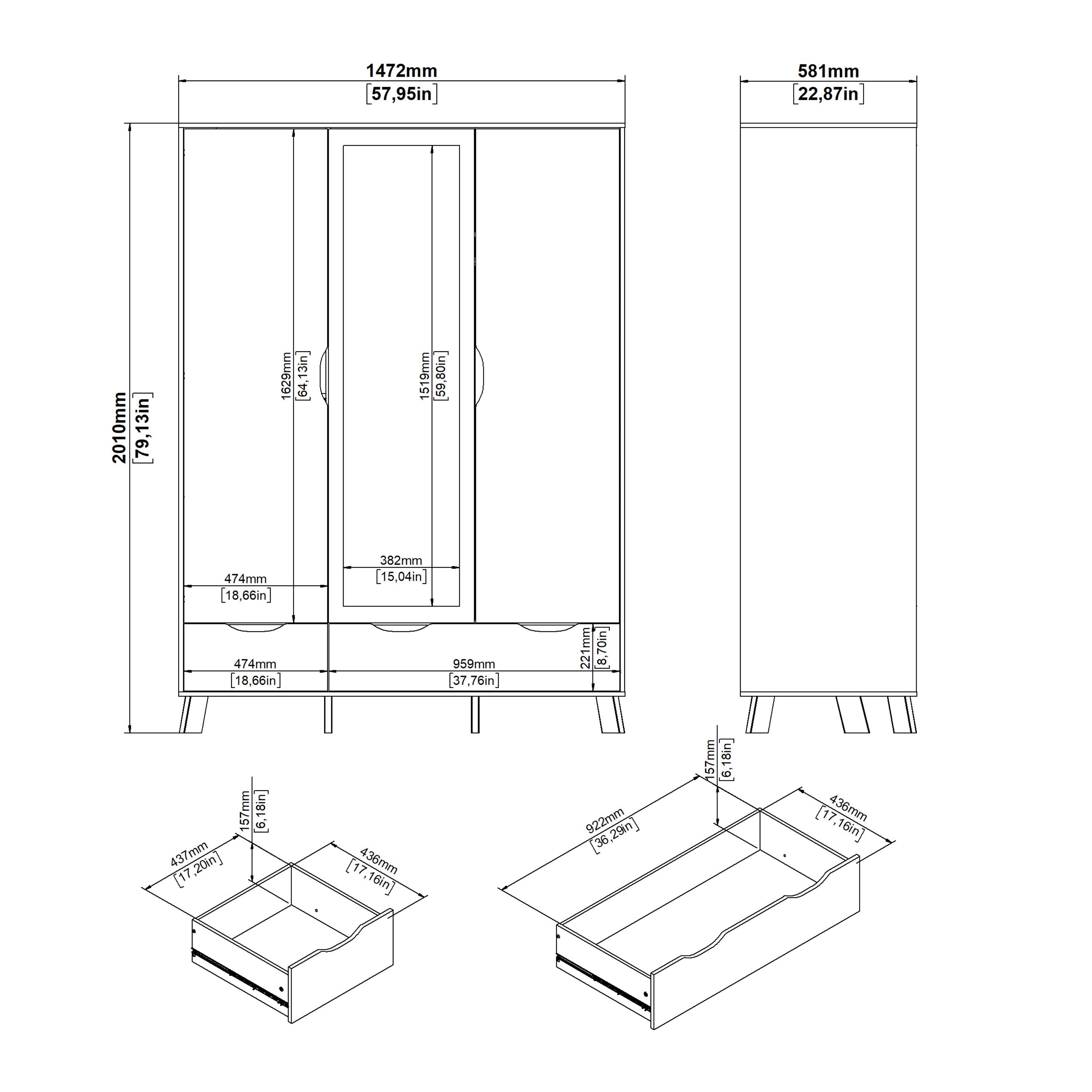 Ikast Wardrobe 3 Doors and 2 Drawers with Mirror in Jackson Hickory and White – FTG, view 13