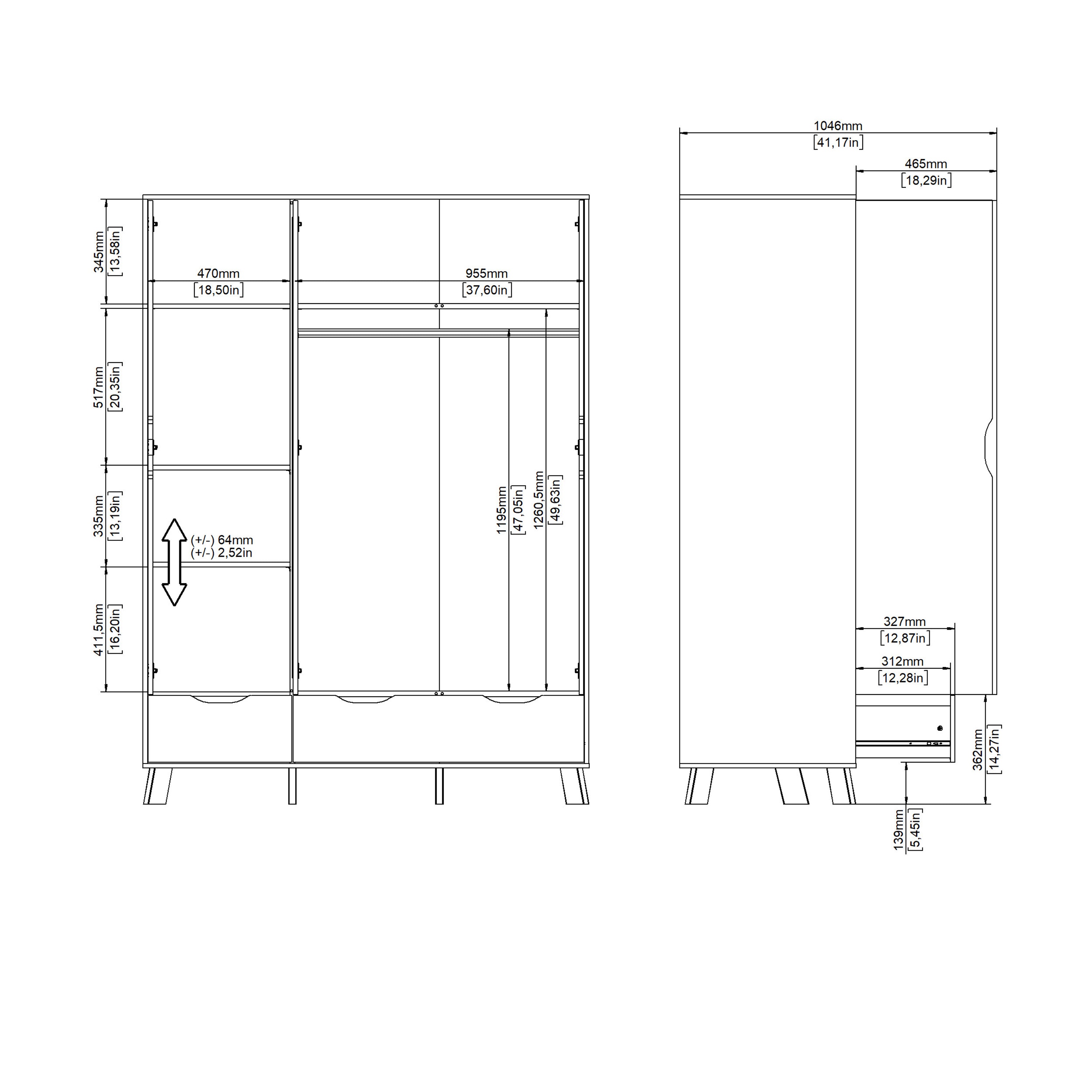 Ikast Wardrobe 3 Doors and 2 Drawers with Mirror in Jackson Hickory and White – FTG, view 14