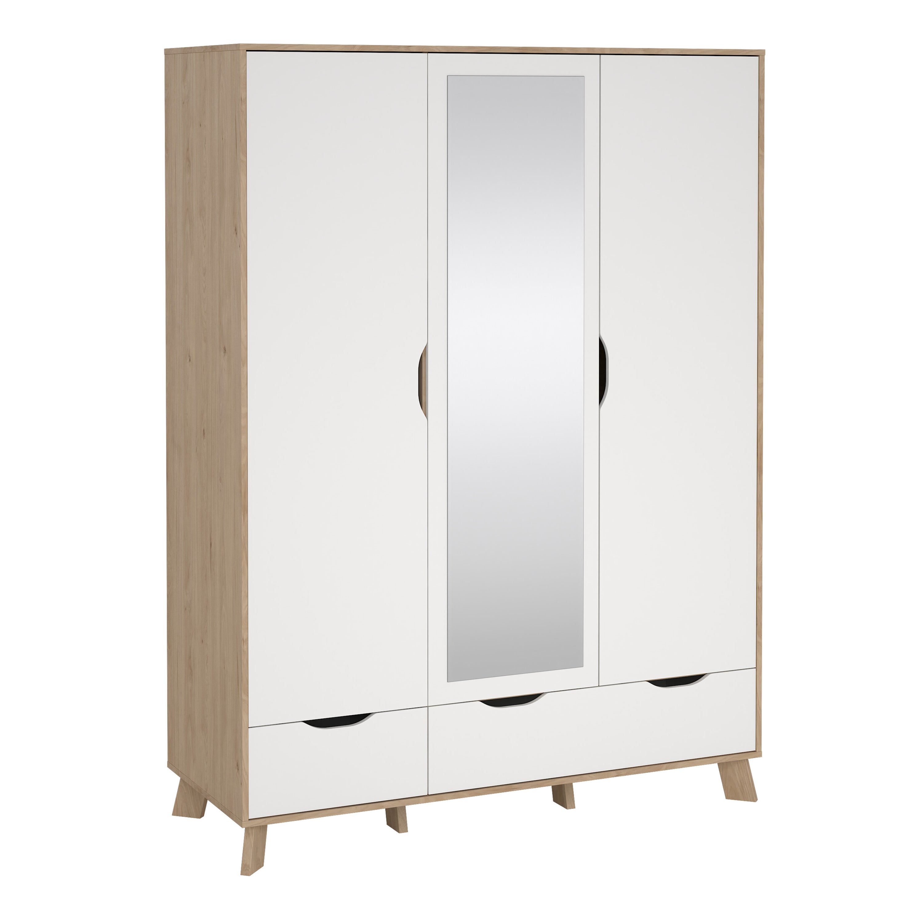 Ikast Wardrobe 3 Doors and 2 Drawers with Mirror in Jackson Hickory and White – FTG