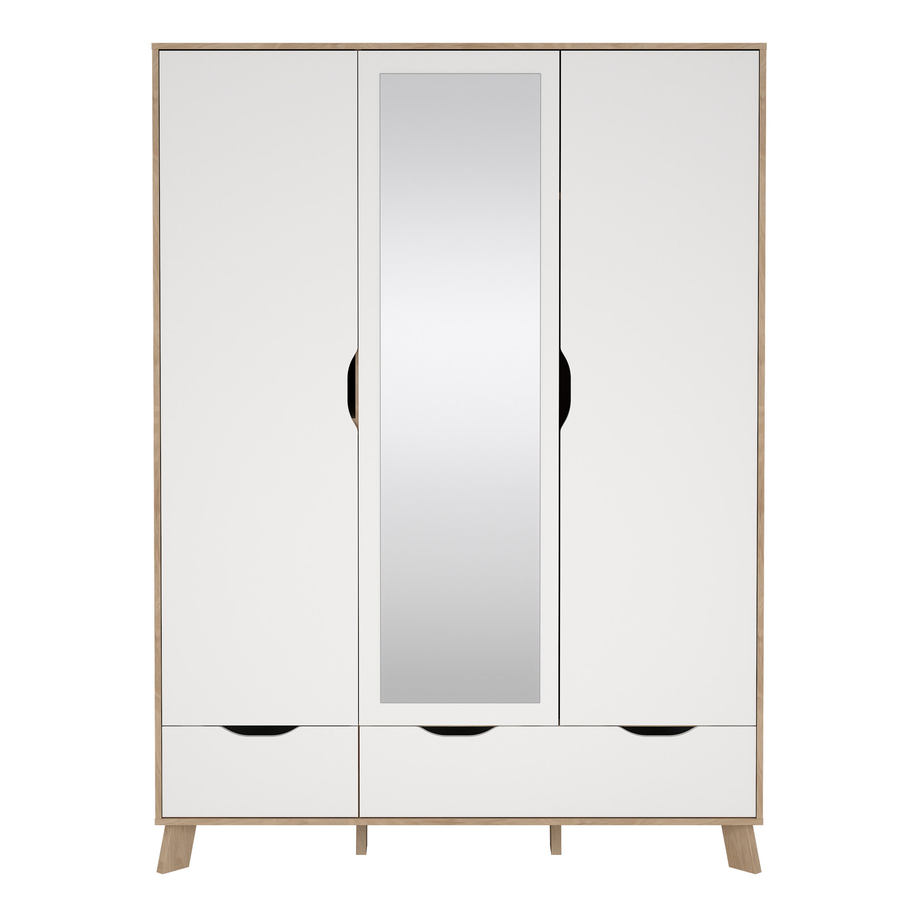 Ikast Wardrobe 3 Doors and 2 Drawers with Mirror in Jackson Hickory and White – FTG, view 2