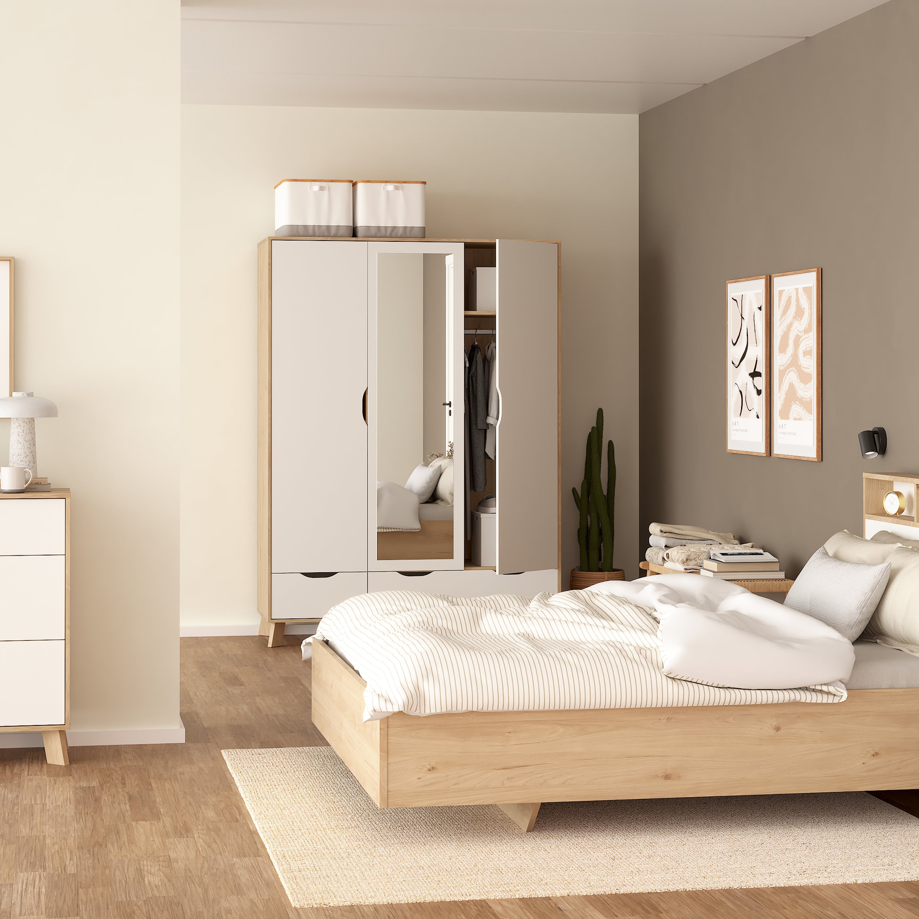 Ikast Wardrobe 3 Doors and 2 Drawers with Mirror in Jackson Hickory and White – FTG, view 8
