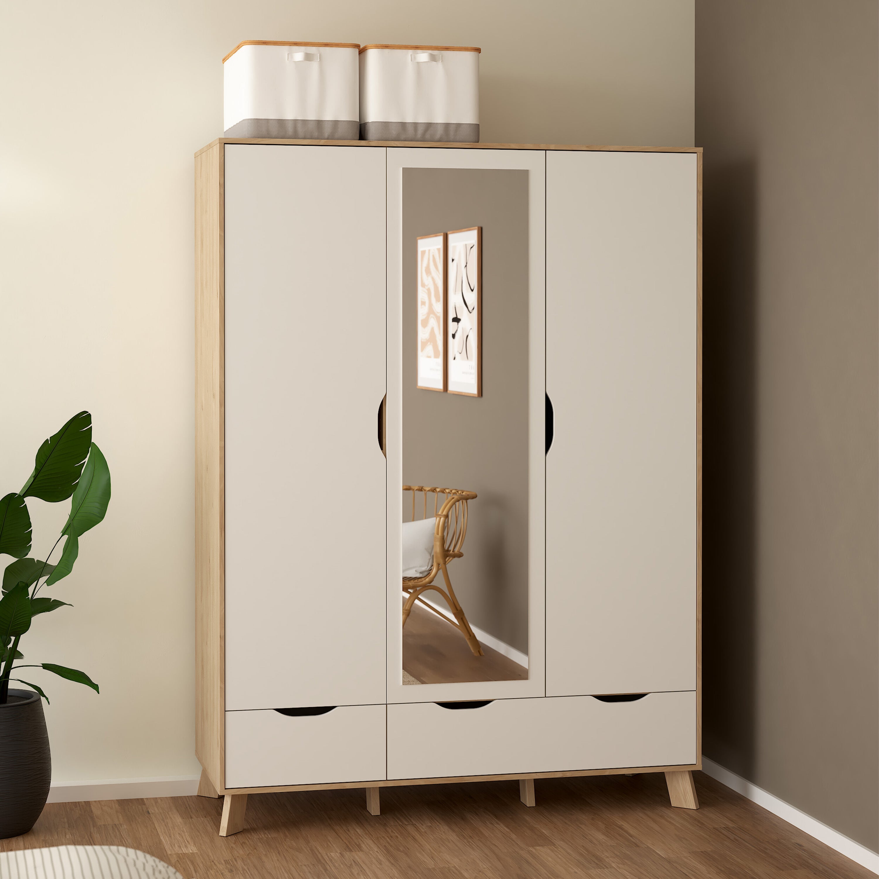 Ikast Wardrobe 3 Doors and 2 Drawers with Mirror in Jackson Hickory and White – FTG, view 9