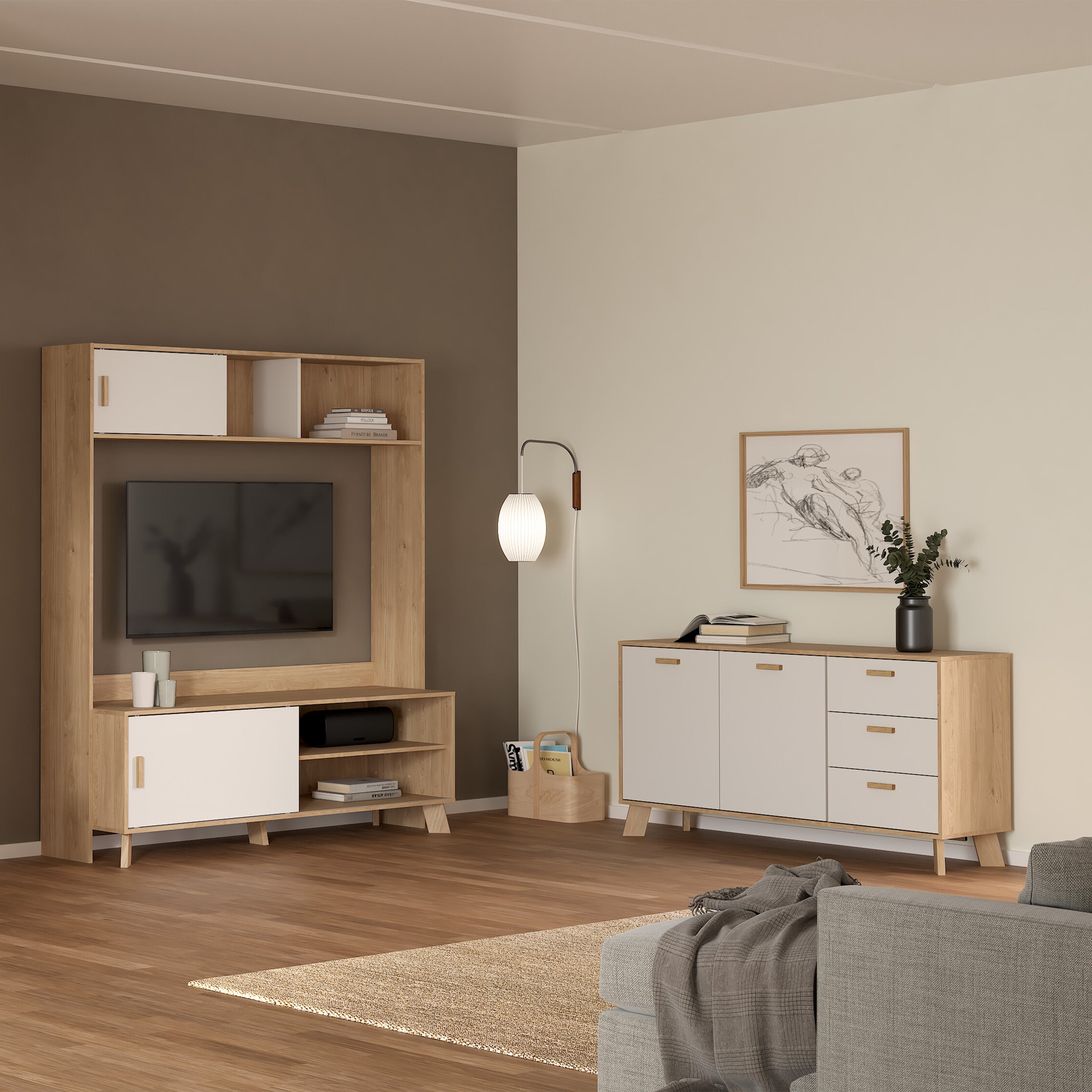 Ikast Sideboard 2 Doors + 3 Drawers in Jackson Hickory and White – FTG, view 7