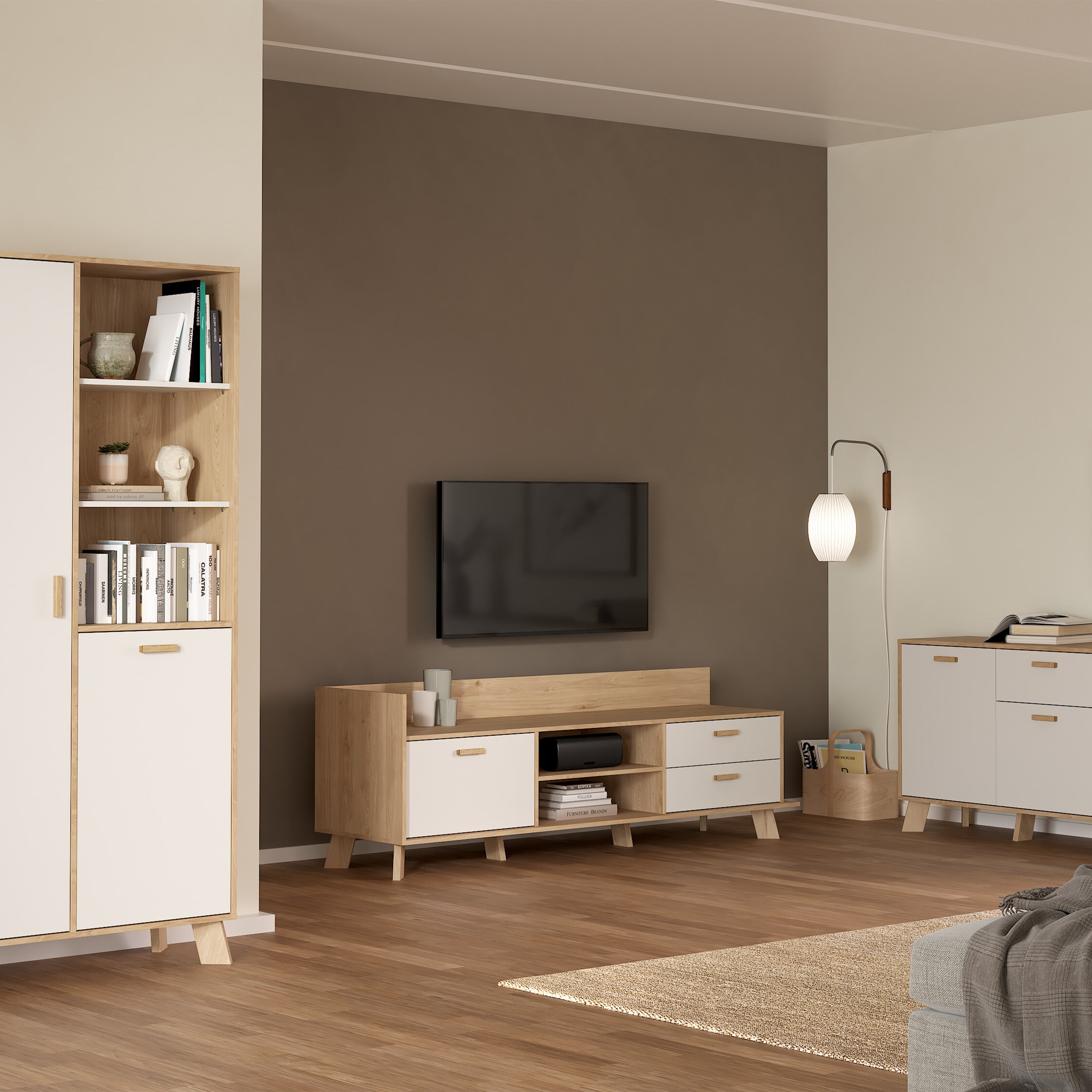 Ikast TV-unit with 1 Door + 2 Drawers in Jackson Hickory and White – FTG, view 7