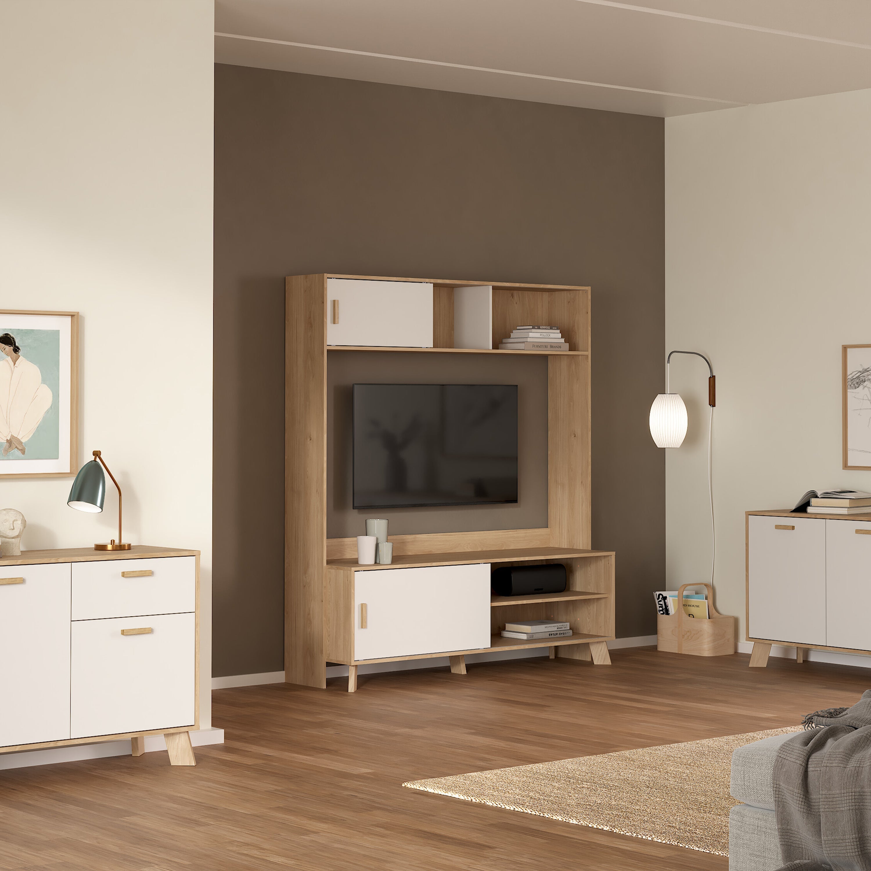 Ikast TV-Wall Unit with 2 Sliding Doors in Jackson Hickory and White – FTG, view 7