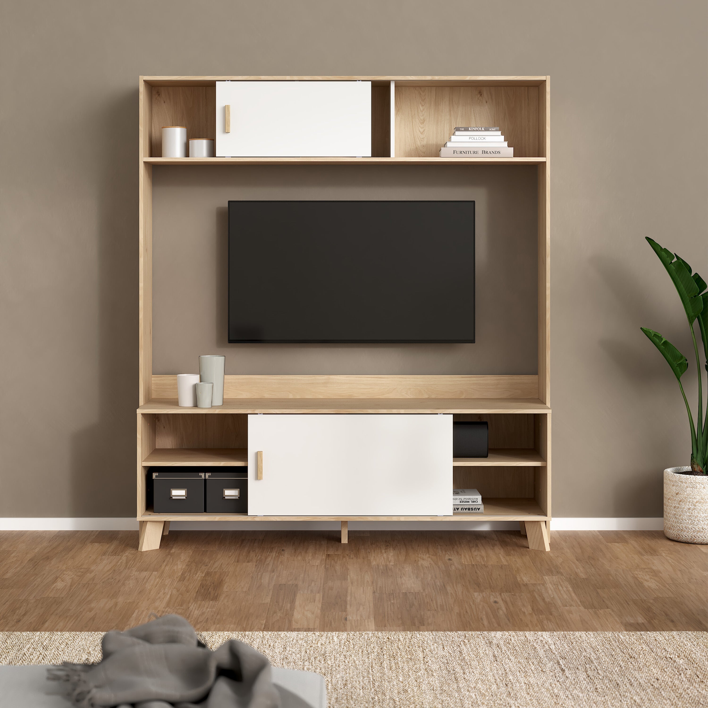 Ikast TV-Wall Unit with 2 Sliding Doors in Jackson Hickory and White – FTG, view 9
