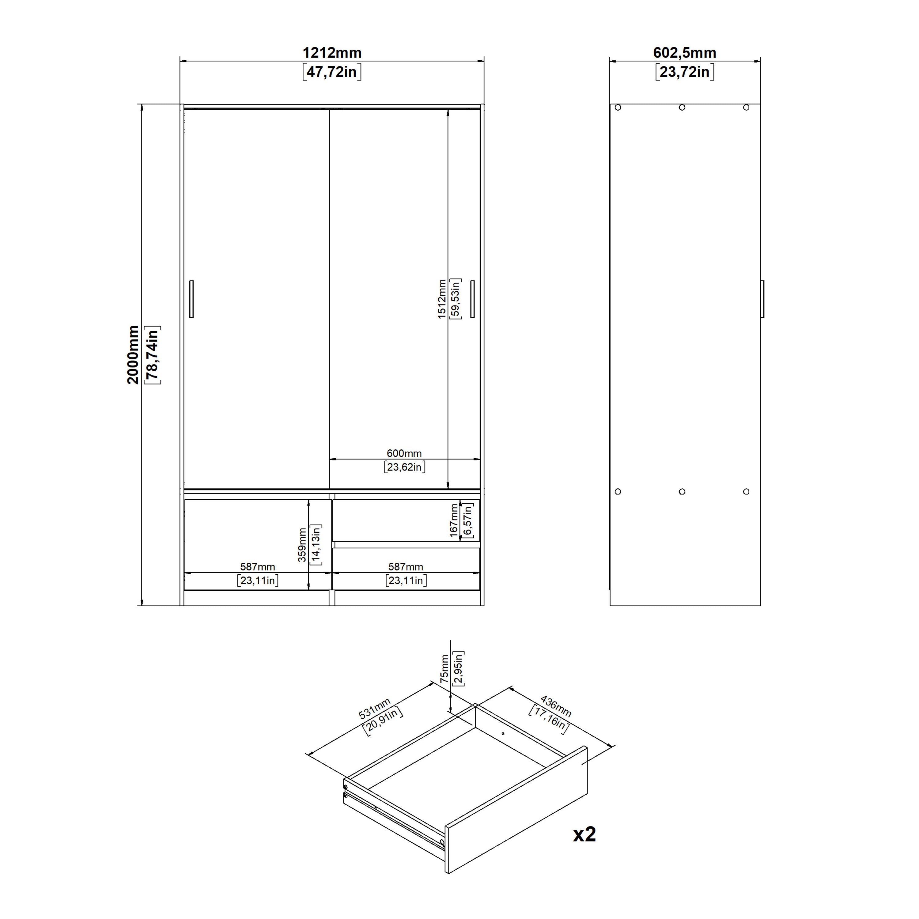 Line Wardrobe with 2 Sliding Doors 1 Small Door and 2 Drawers in Jackson Hickory Oak – FTG, view 12