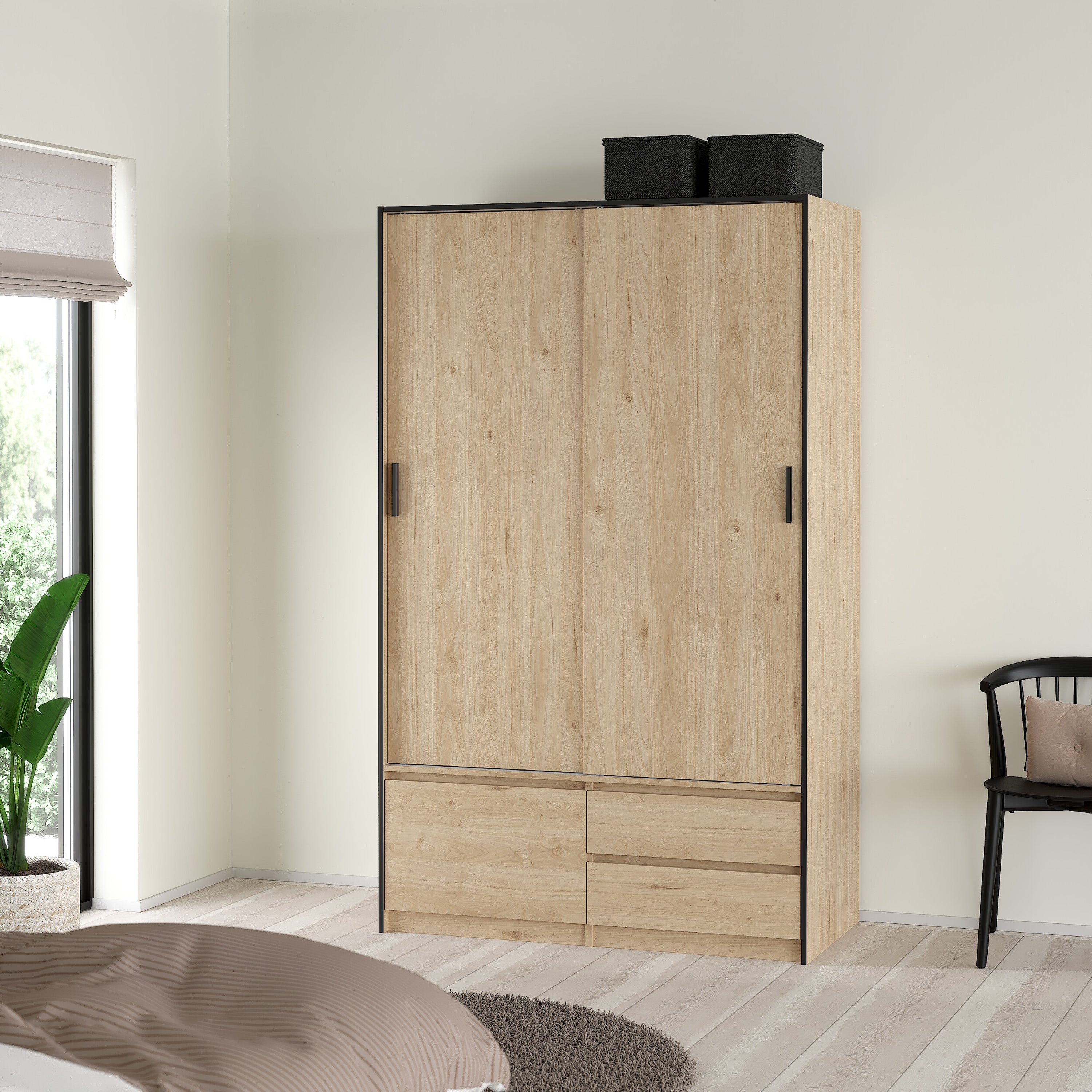 Line Wardrobe with 2 Sliding Doors 1 Small Door and 2 Drawers in Jackson Hickory Oak – FTG, view 8