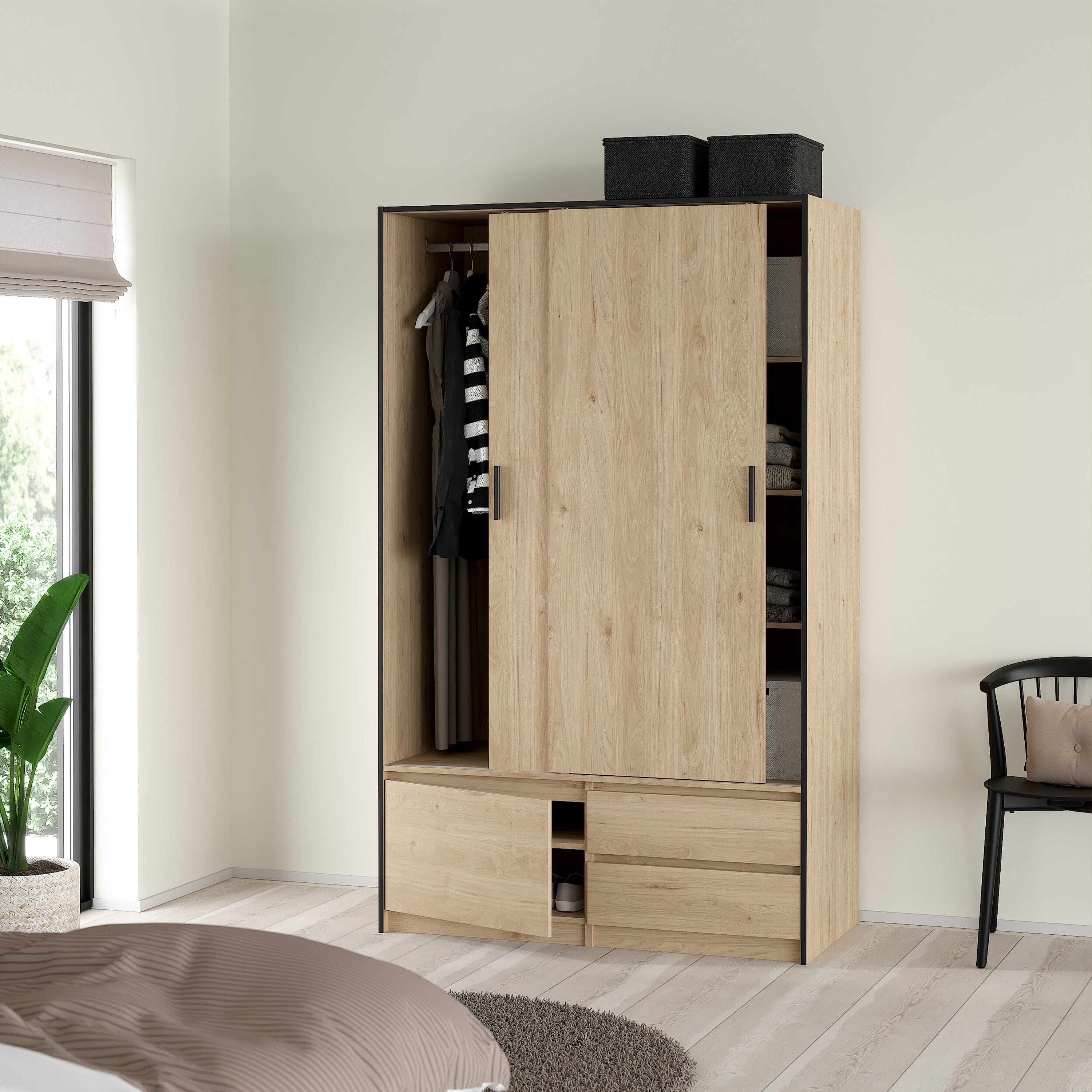 Line Wardrobe with 2 Sliding Doors 1 Small Door and 2 Drawers in Jackson Hickory Oak – FTG, view 9