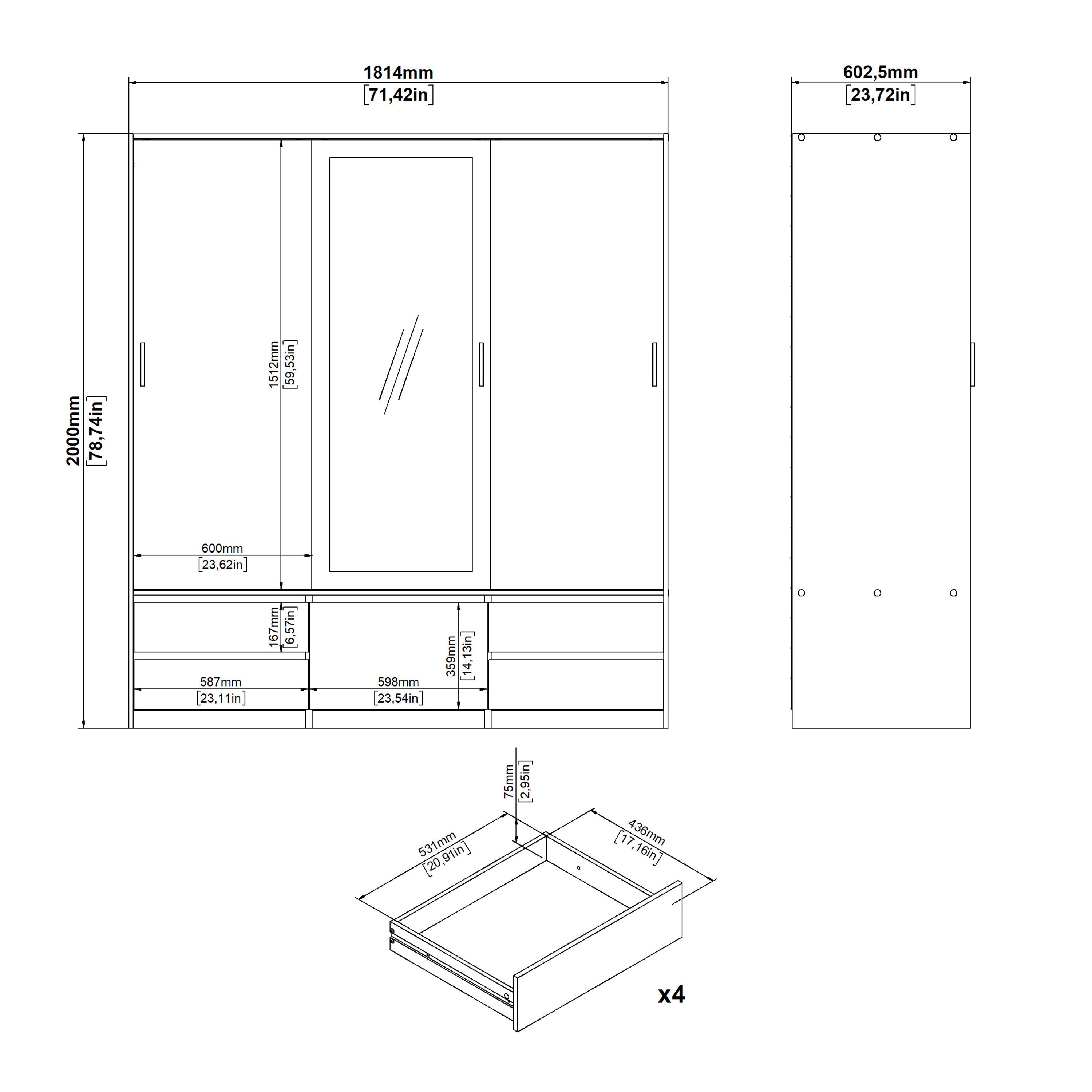 Line Wardrobe with 2 Sliding Doors 1 Sliding Door with Mirror in Jackson Hickory Oak – FTG, view 12