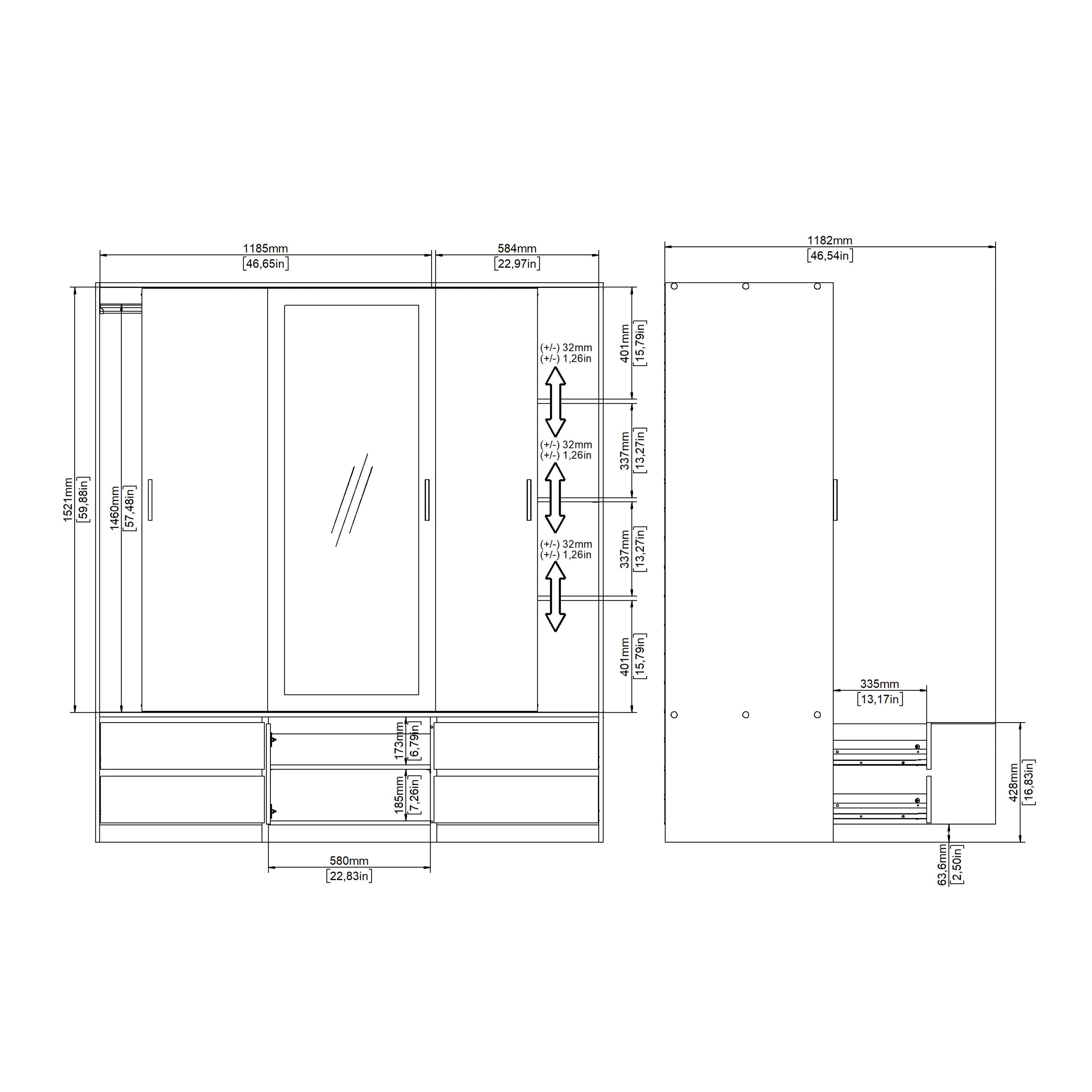 Line Wardrobe with 2 Sliding Doors 1 Sliding Door with Mirror in Jackson Hickory Oak – FTG, view 13