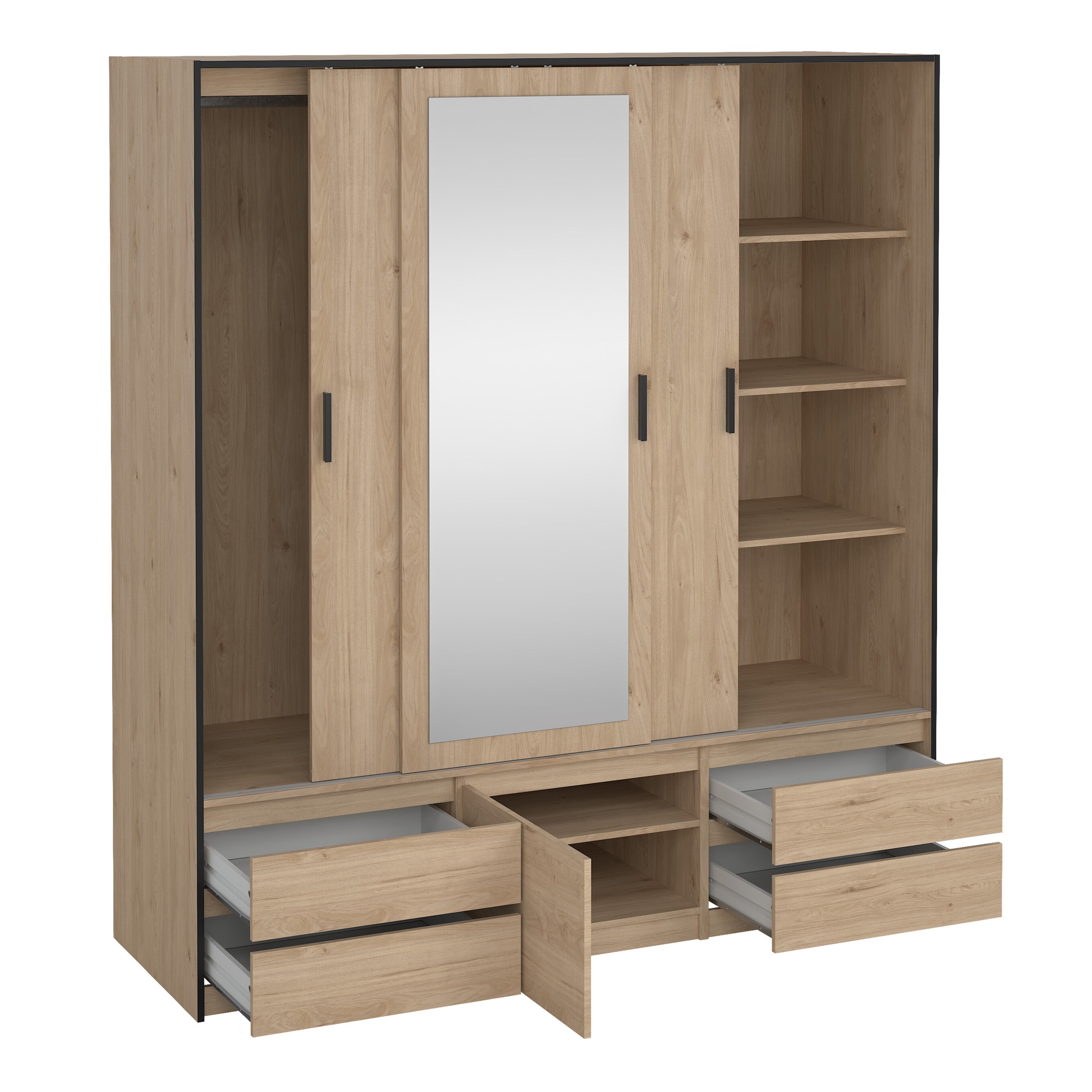 Line Wardrobe with 2 Sliding Doors 1 Sliding Door with Mirror in Jackson Hickory Oak – FTG, view 6