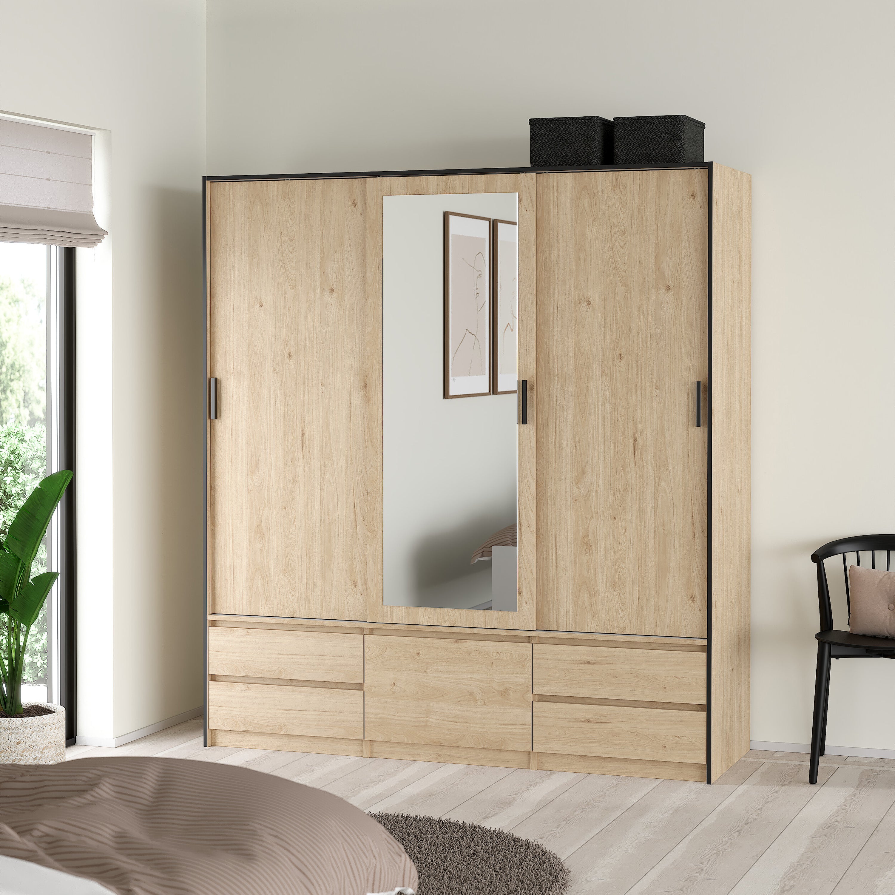 Line Wardrobe with 2 Sliding Doors 1 Sliding Door with Mirror in Jackson Hickory Oak – FTG, view 8