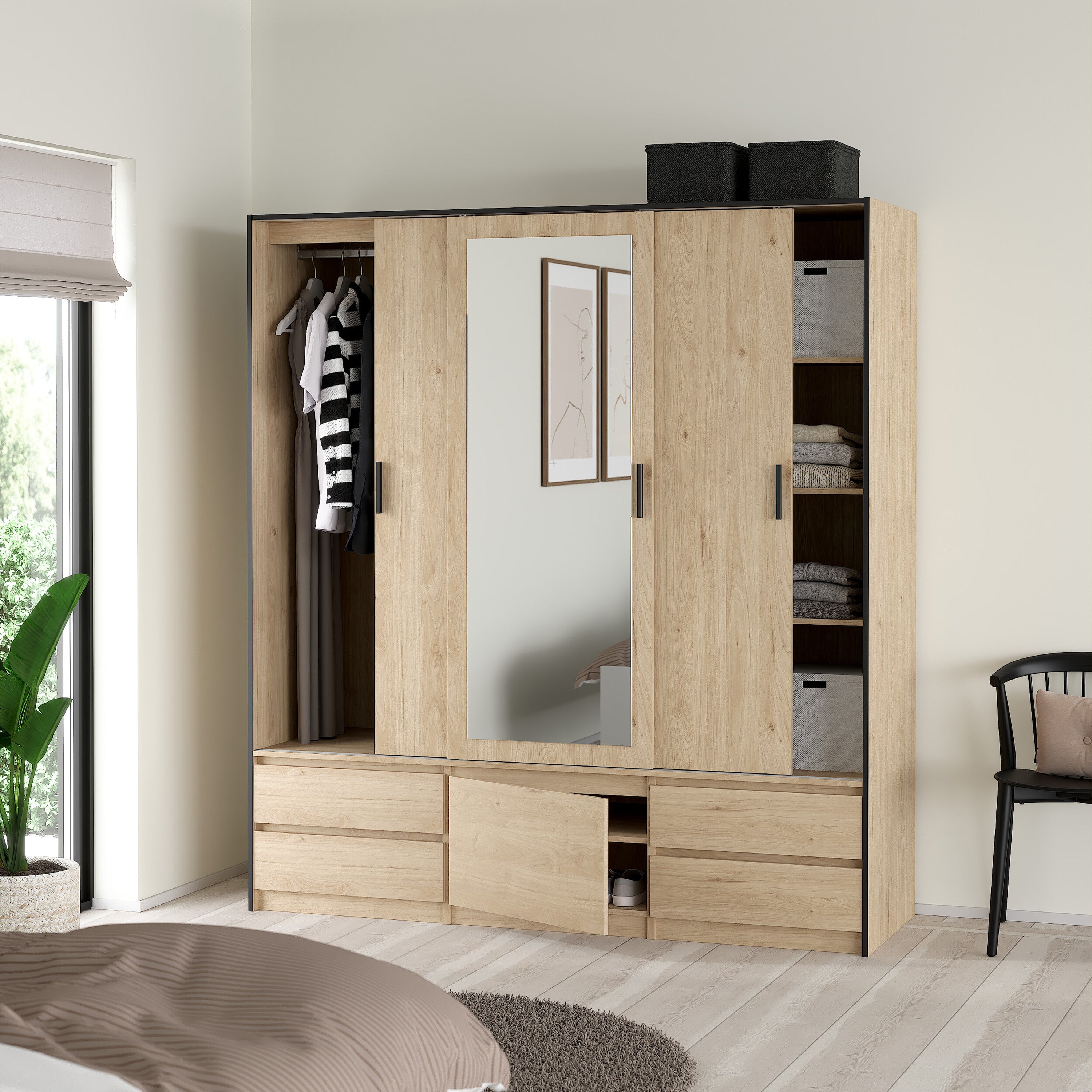 Line Wardrobe with 2 Sliding Doors 1 Sliding Door with Mirror in Jackson Hickory Oak – FTG, view 9