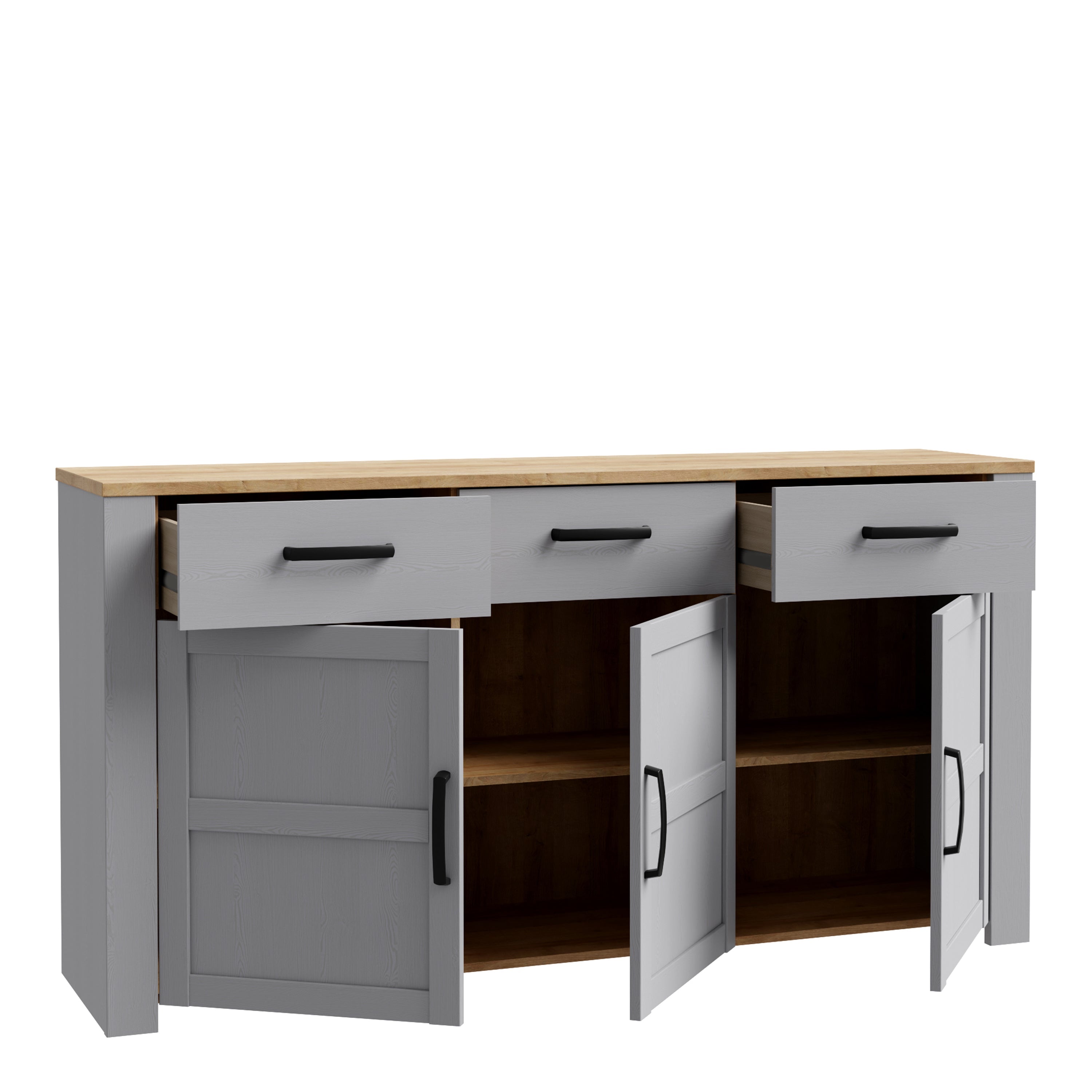 Bohol 3 Door 3 Drawer Sideboard in Riviera Oak/Grey Oak – FTG, view 3