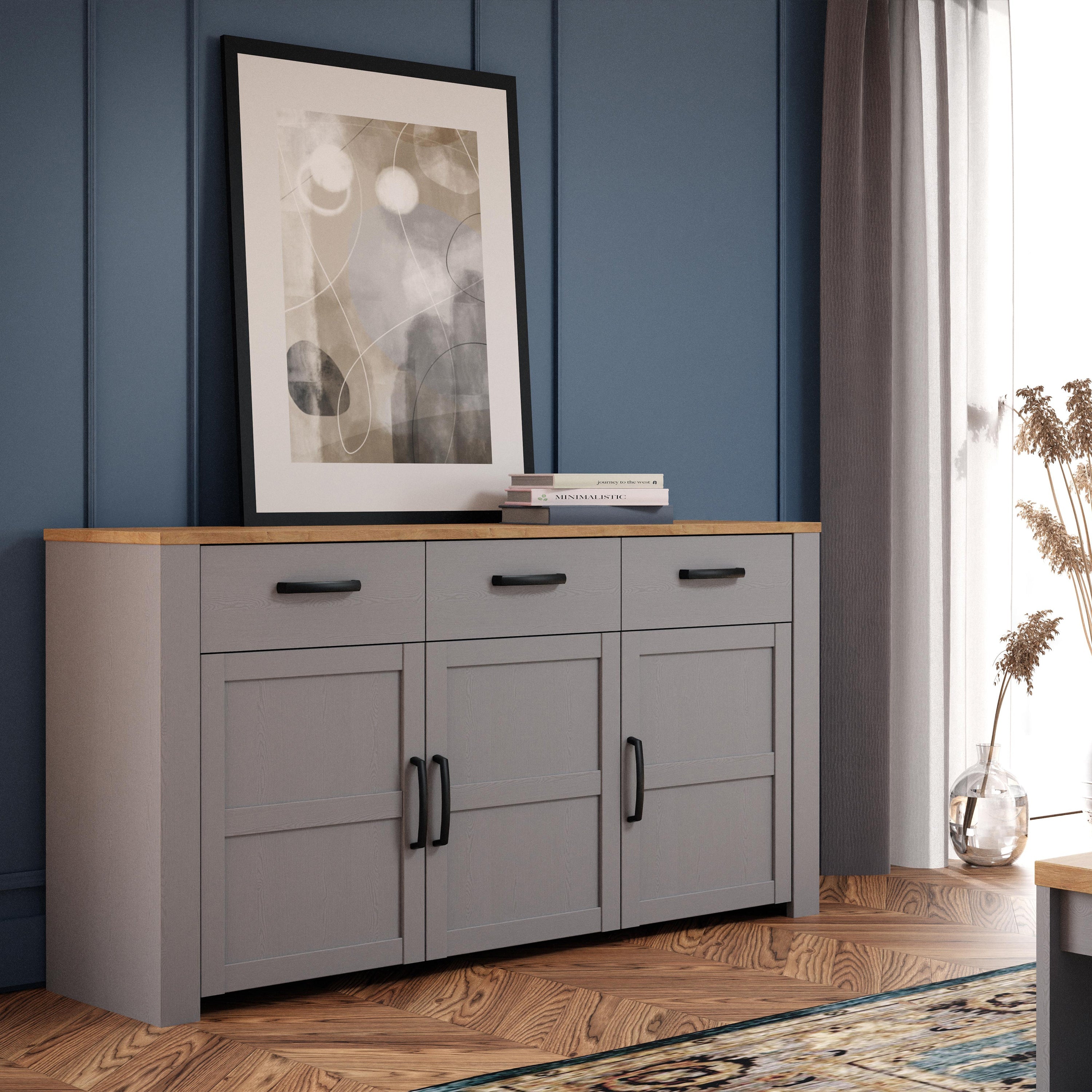 Bohol 3 Door 3 Drawer Sideboard in Riviera Oak/Grey Oak – FTG, view 6