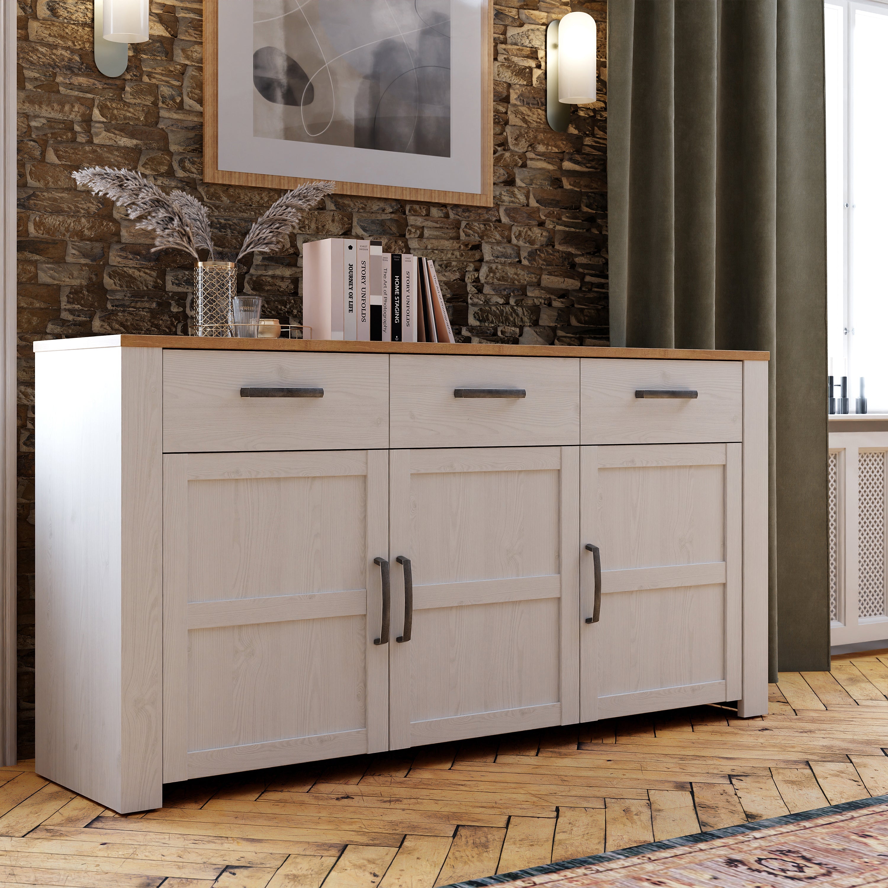 Bohol 3 Door 3 Drawer Sideboard in Riviera Oak/White – FTG, view 7