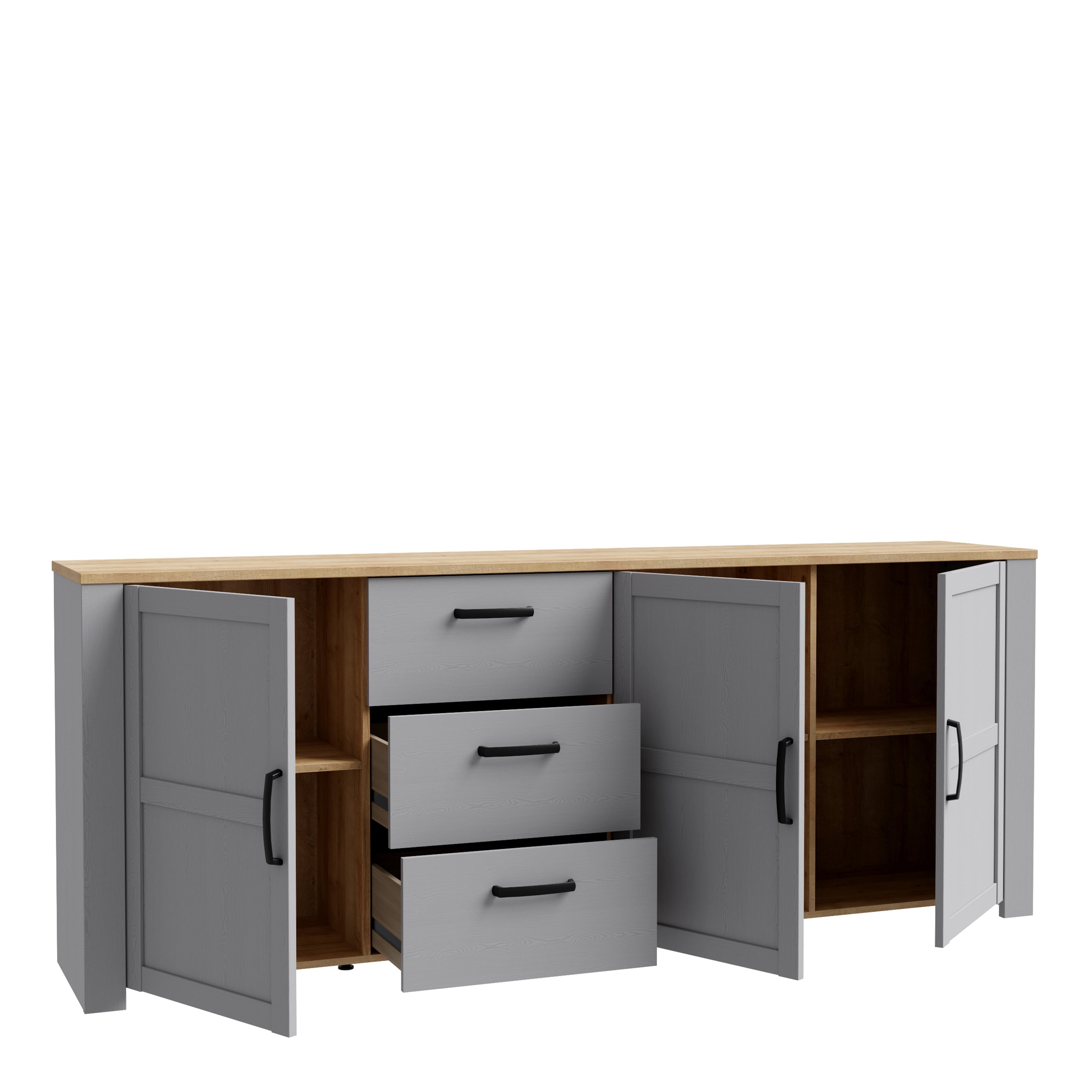 Bohol 3 Door 3 Drawer Large Sideboard in Riviera Oak/Grey Oak – FTG, view 3