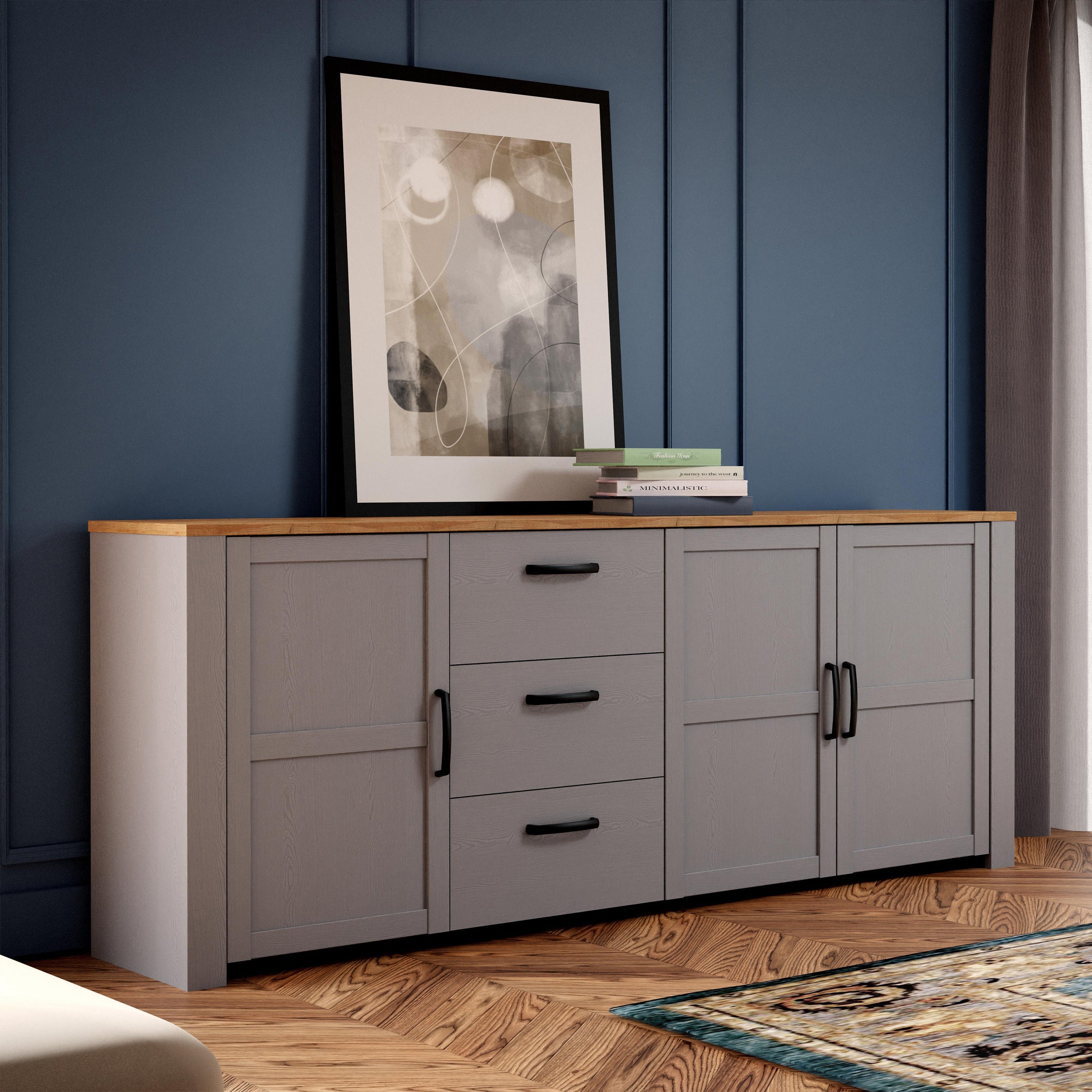 Bohol 3 Door 3 Drawer Large Sideboard in Riviera Oak/Grey Oak – FTG, view 6