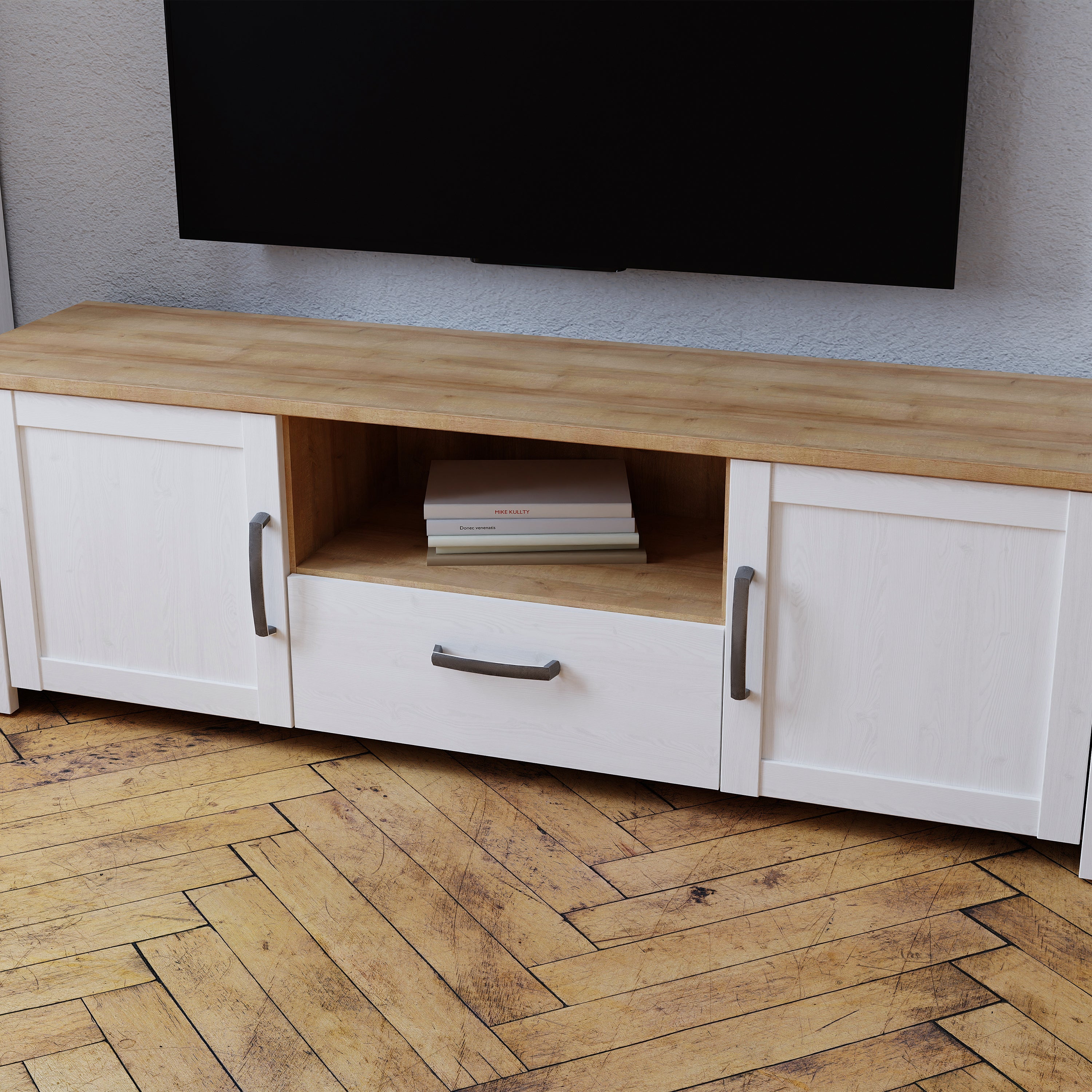 Bohol 2 Door 1 Drawer TV Unit in Riviera Oak/White – FTG, view 6