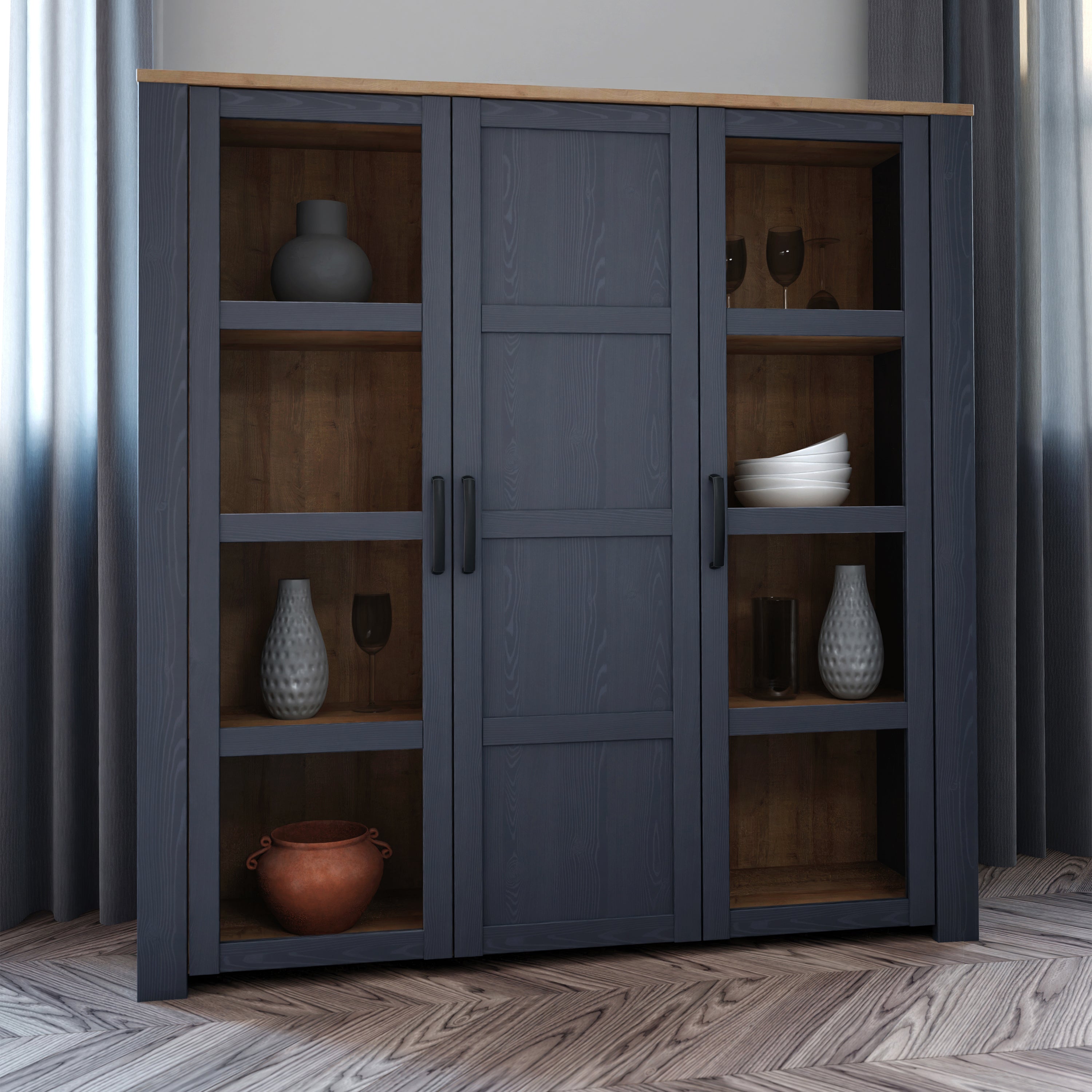 Bohol 3 Door Large Display Cabinet in Riviera Oak/Navy – FTG, view 6