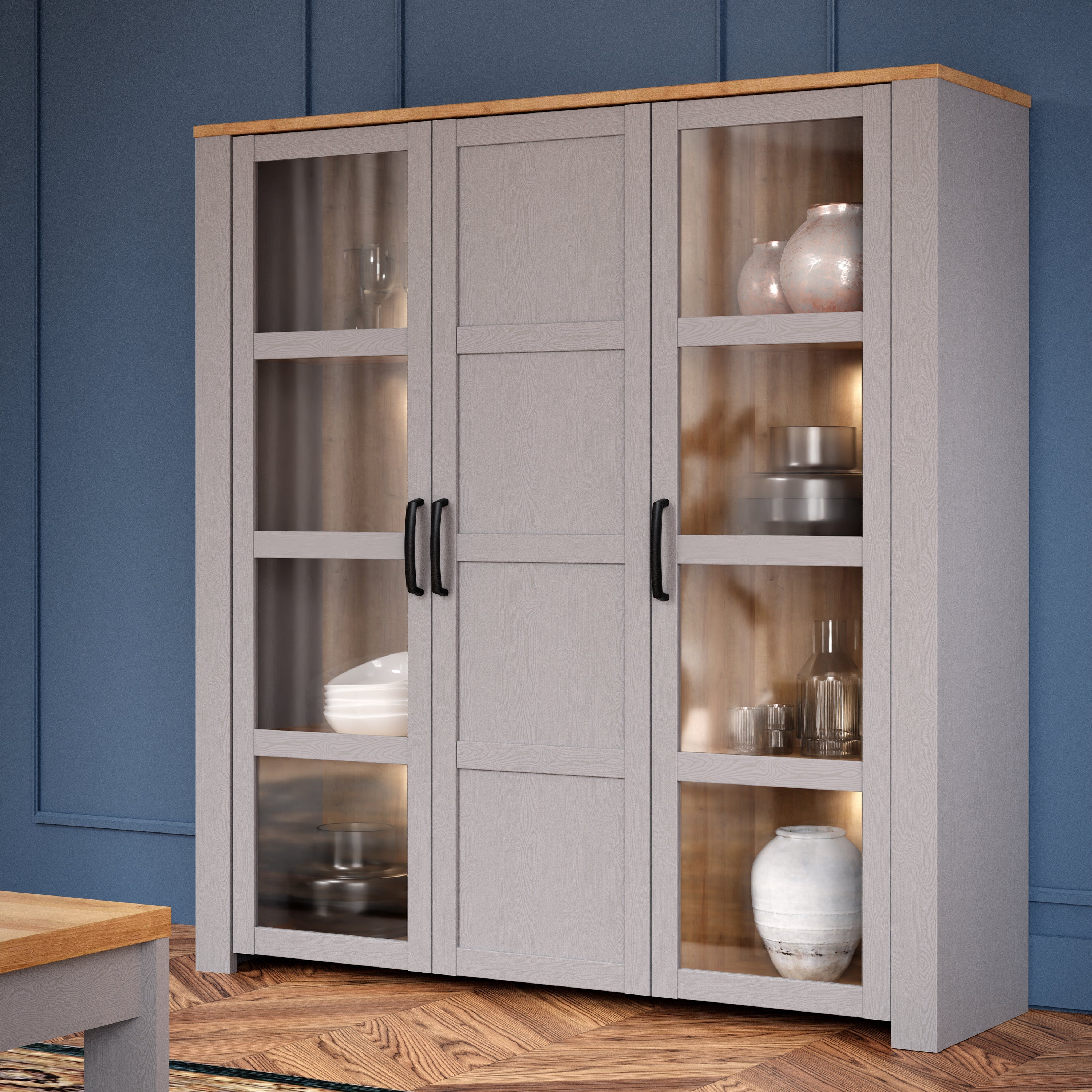 Bohol 3 Door Large Display Cabinet in Riviera Oak/Grey Oak – FTG, view 5